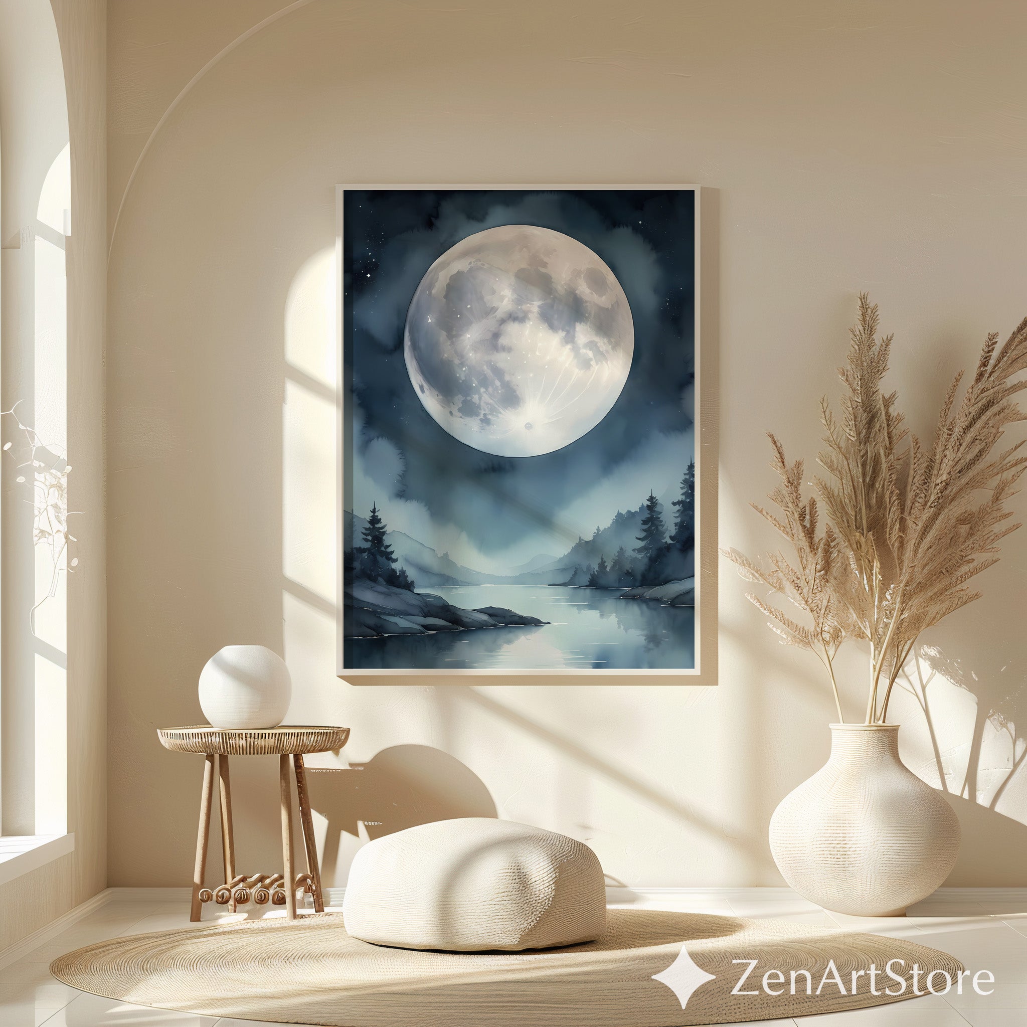 Ethereal Moonlit Lake Wall Art - Minimal Moon Landscape Print for Nordic Japandi Bedroom Decor