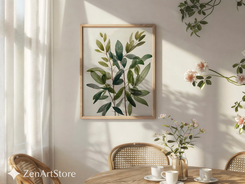Minimal Green Leaves Botanical Wall Art - Modern Neutral Plant Print for Scandinavian Japandi Home Decor