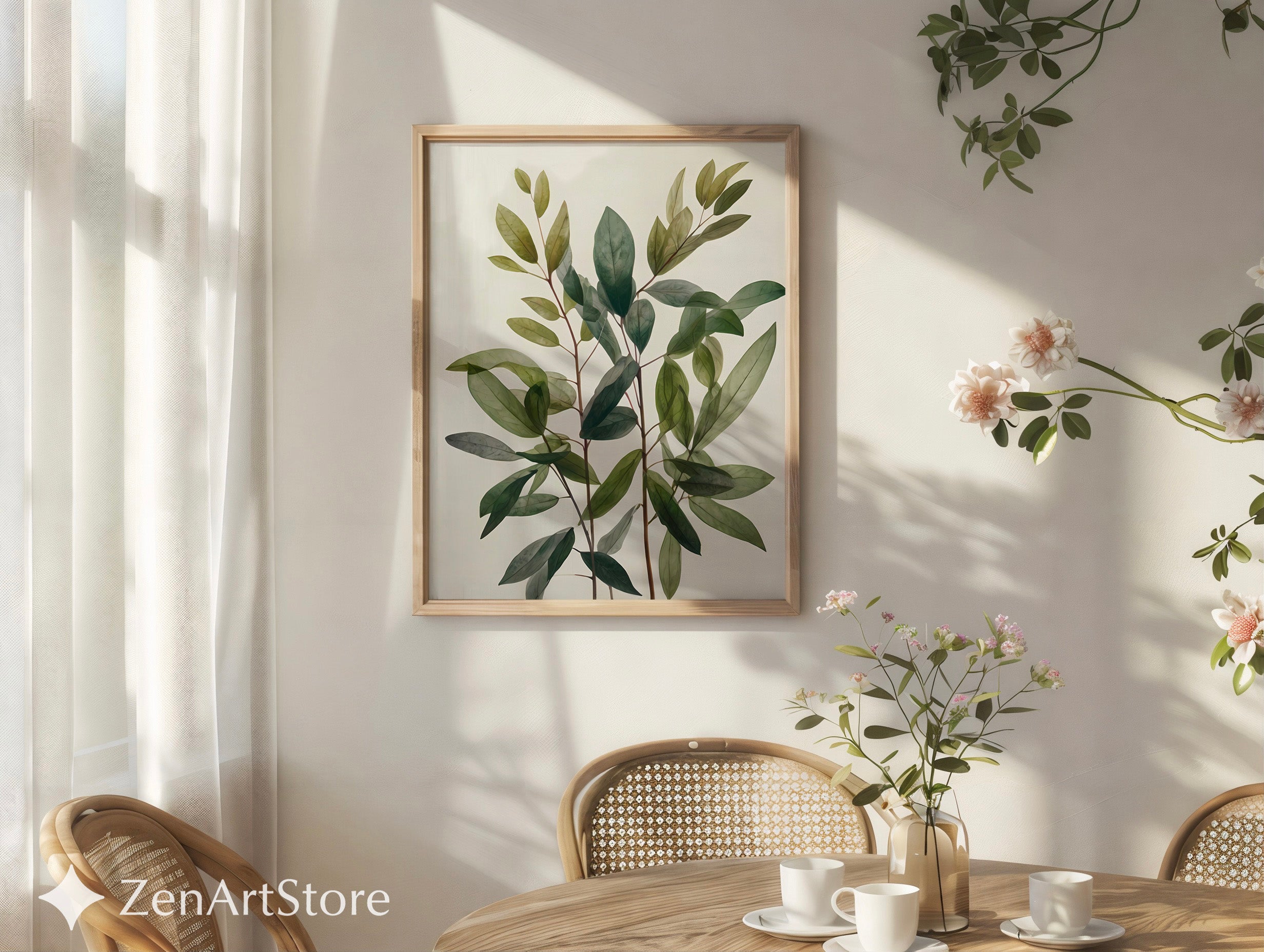 Minimal Green Leaves Botanical Wall Art - Modern Neutral Plant Print for Scandinavian Japandi Home Decor
