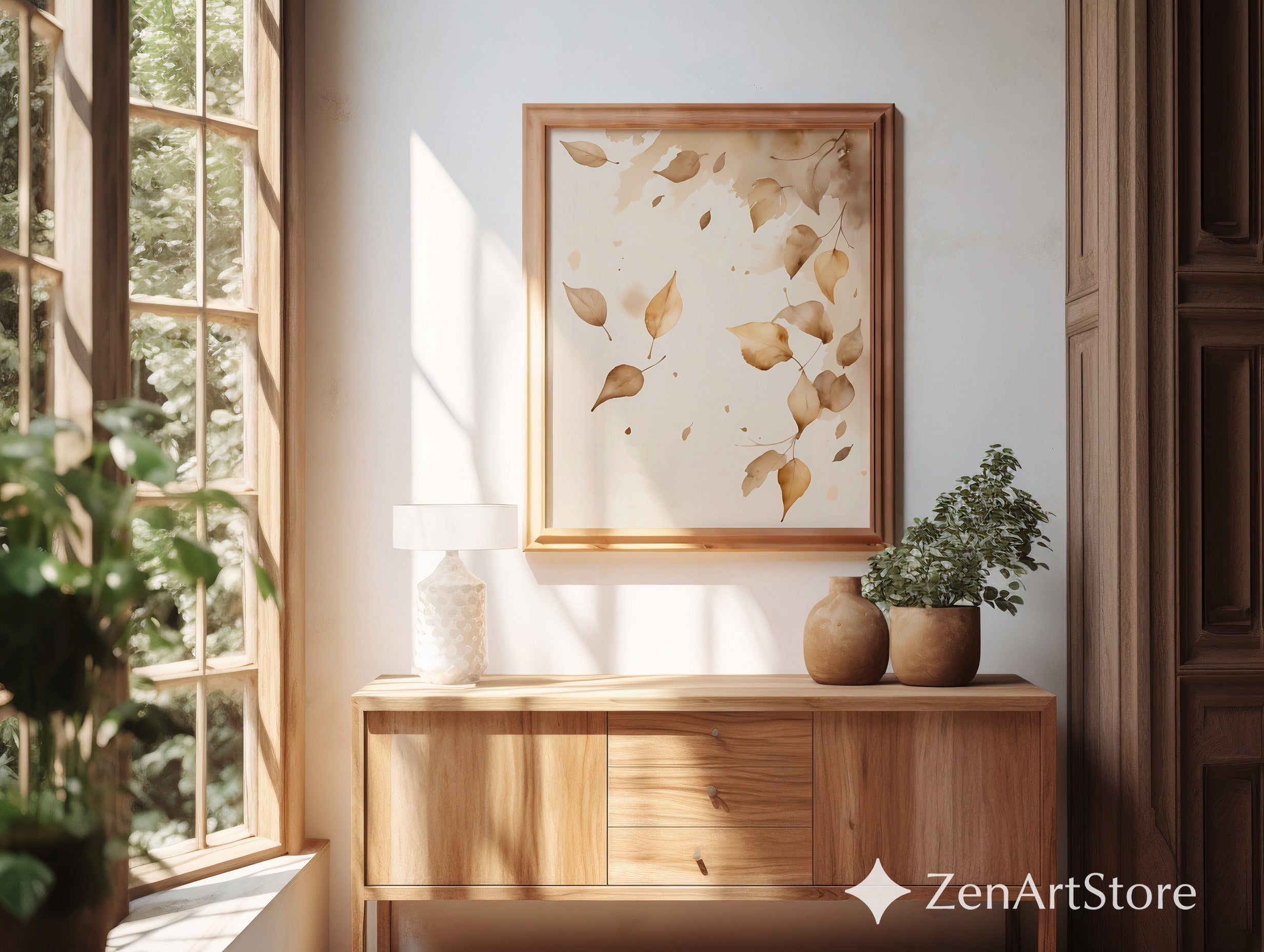 Neutral Watercolor Leaves Wall Art - Beige Autumn Botanical Print, Minimal Japandi Scandi Home Decor Calm Wabi Sabi Printable