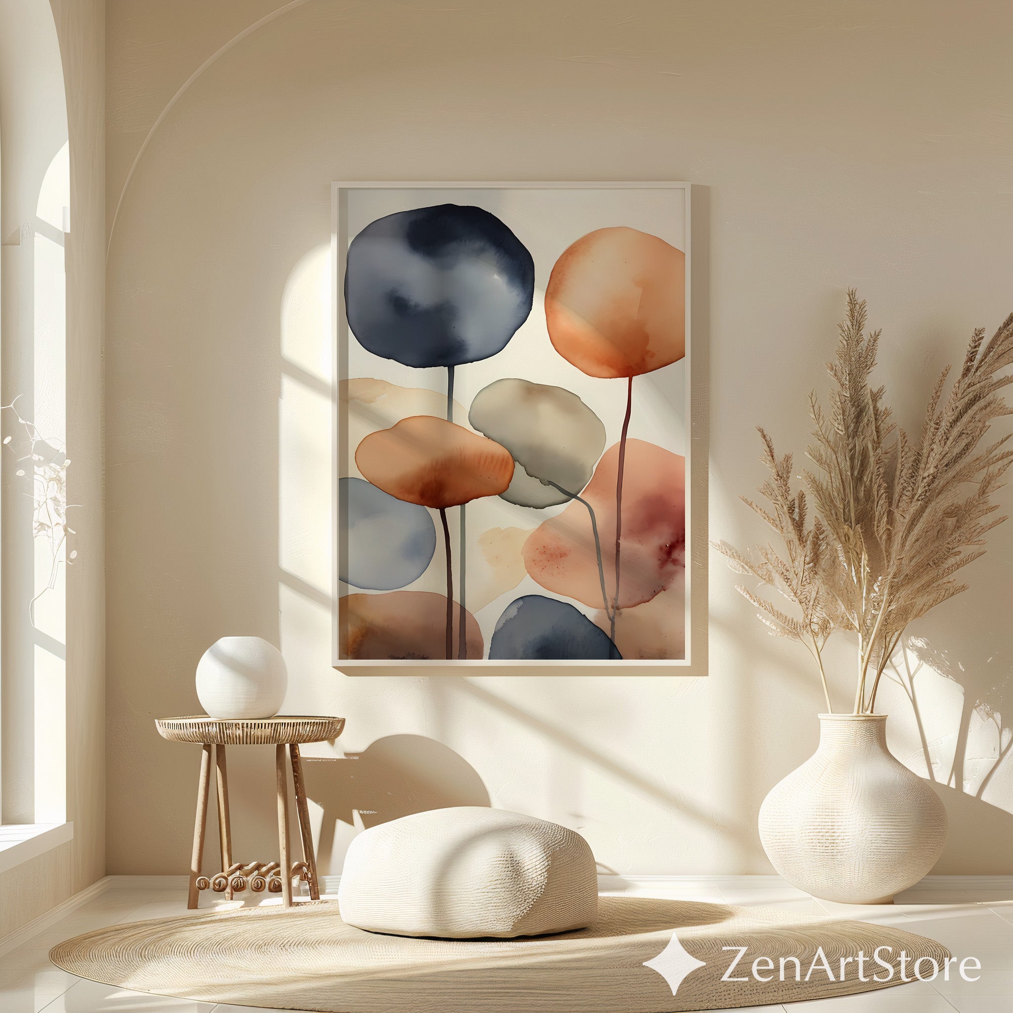 Abstract Watercolor Wall Art Neutral Terracotta & Blue - Minimal Japandi Scandi Zen Print for Living Room Bedroom