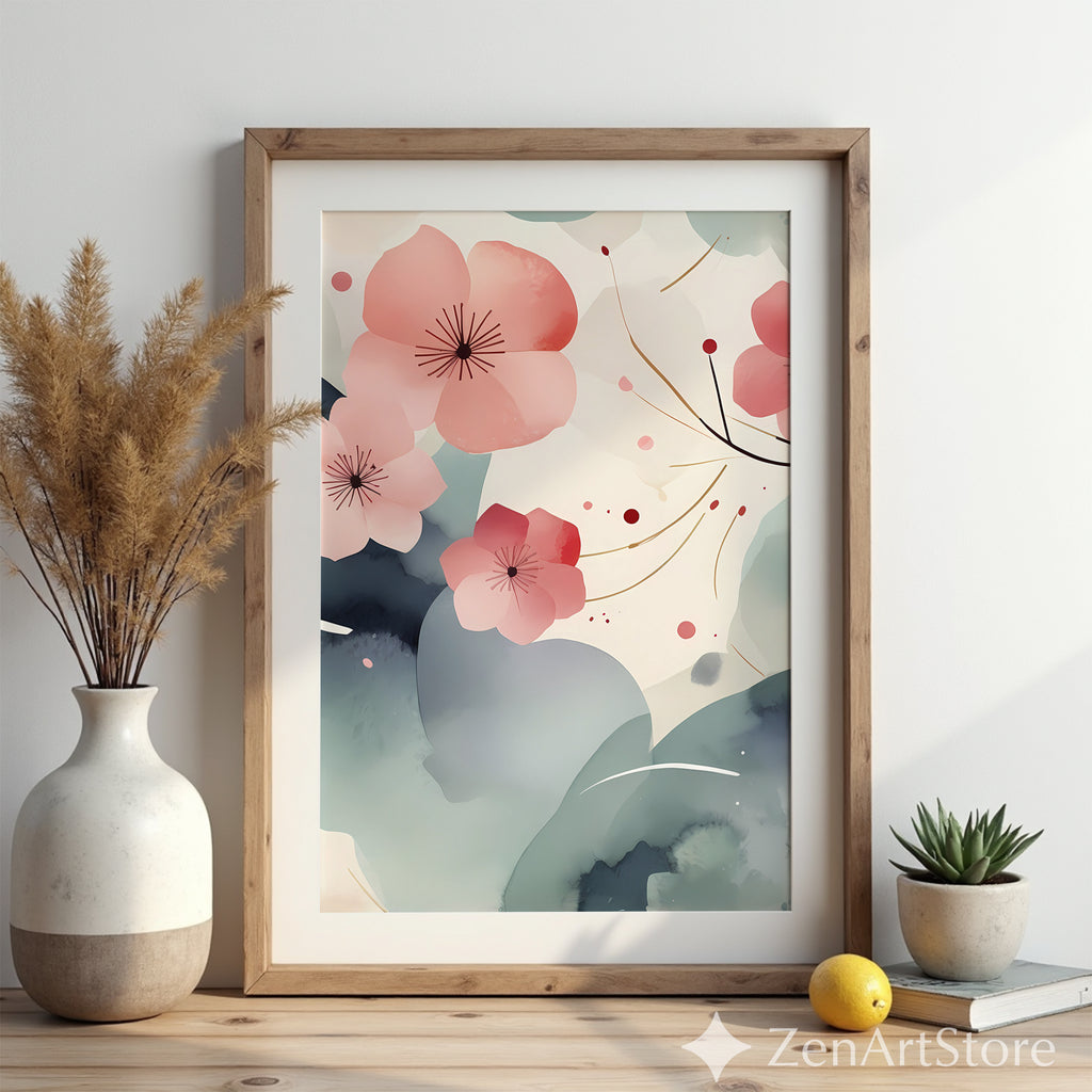 Zen Sakura Abstract Printable Wall Art - Minimal Japanese Cherry Blossom Calm Poster
