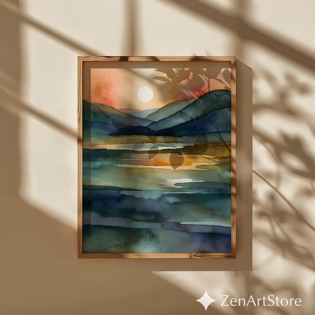 Serene Watercolor Landscape Print - Sunlit Mountains & Lake, Abstract Japandi Wall Art in Teal Blue & Warm Beige