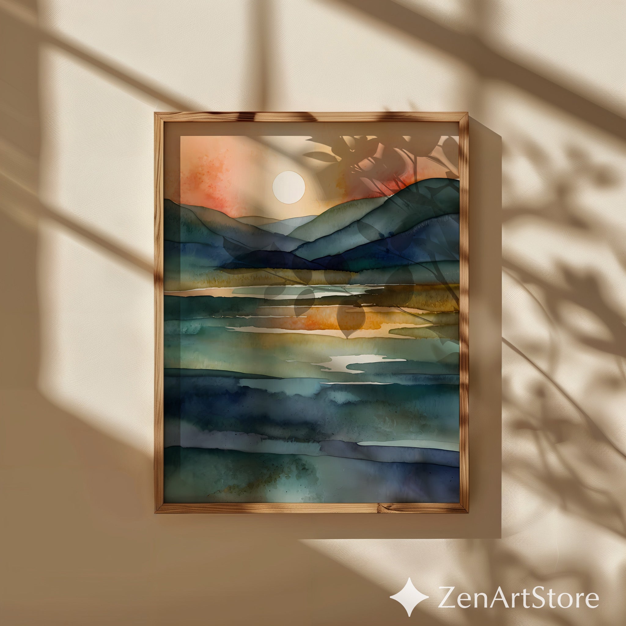 Serene Watercolor Landscape Print - Sunlit Mountains & Lake, Abstract Japandi Wall Art in Teal Blue & Warm Beige
