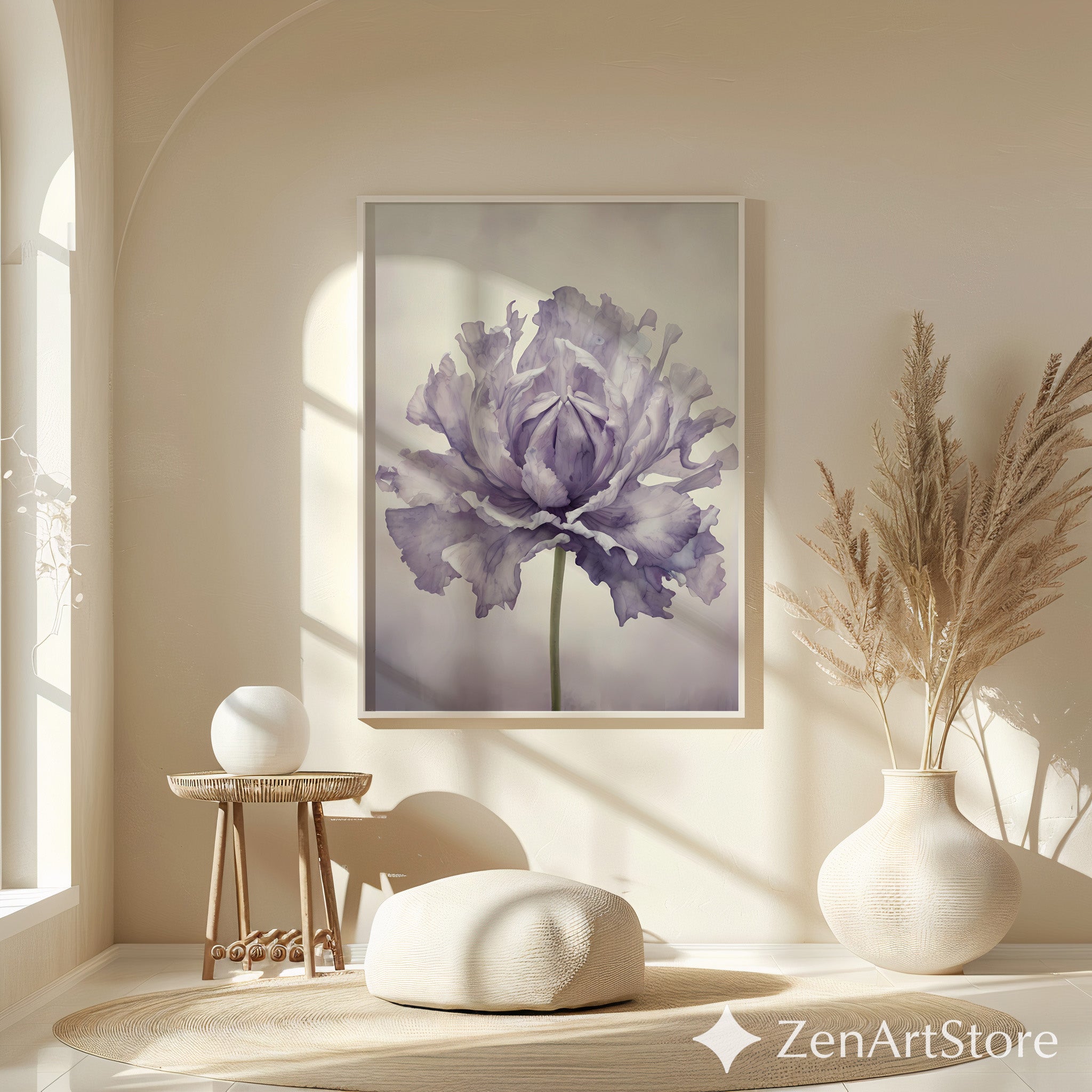 Lavender Peony Botanical Wall Art Print - Minimal Floral Fine Art for Scandinavian Japandi Wabi Sabi Home Decor
