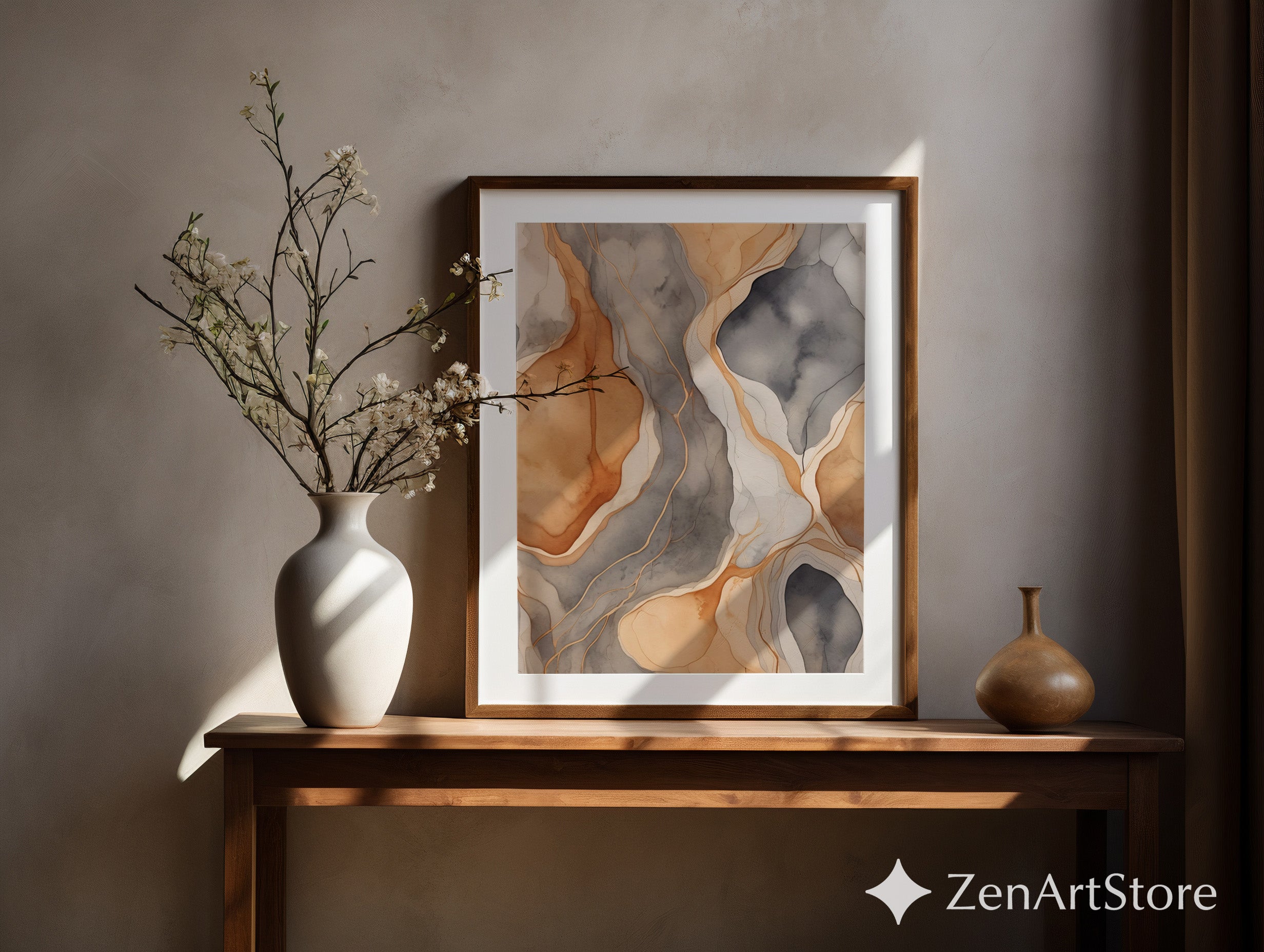 Neutral Abstract Watercolor Wall Art Earth Tones Agate Print – Minimal Japandi Beige Gray Brown Modern Home Decor Printable or Canvas