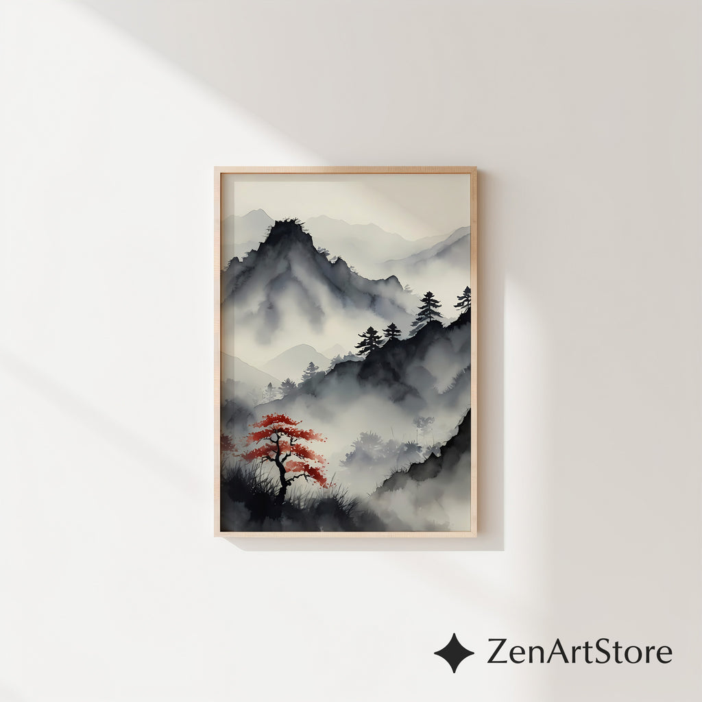Misty Mountain Sumi-e Print with Red Maple – Zen Minimal Japandi Wall Art, Neutral Wabi-Sabi Landscape for Living Room