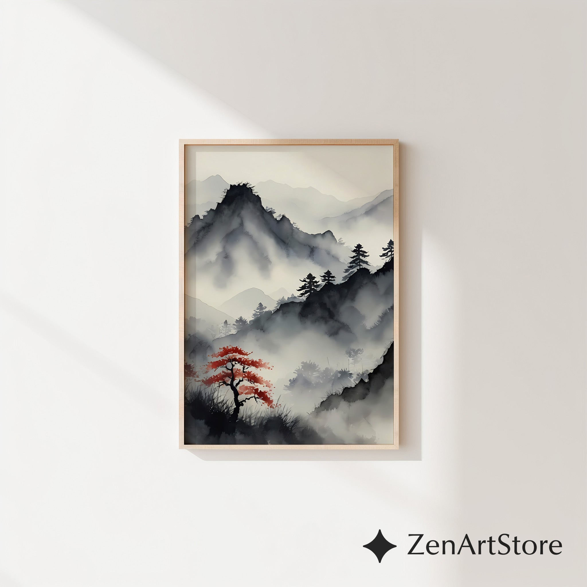Misty Mountain Sumi-e Print with Red Maple – Zen Minimal Japandi Wall Art, Neutral Wabi-Sabi Landscape for Living Room