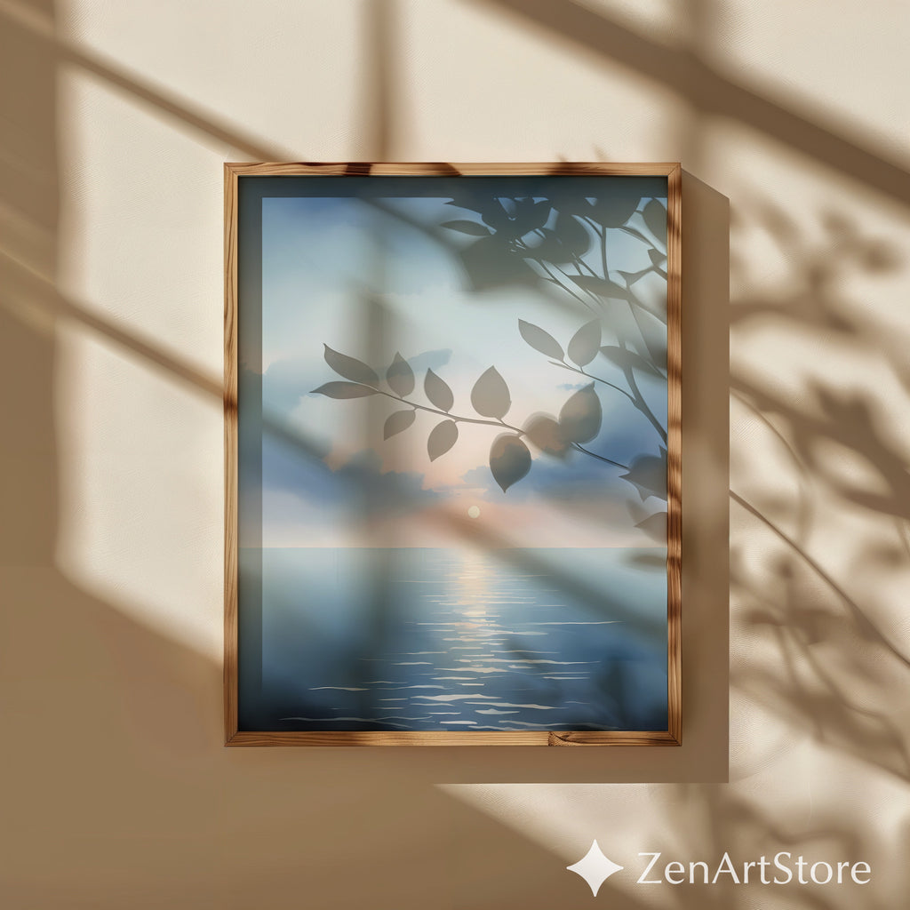 Serene Seascape Sunrise Wall Art - Minimal Ocean Print in Blue & Peach, Zen Japandi Coastal Canvas or Printable