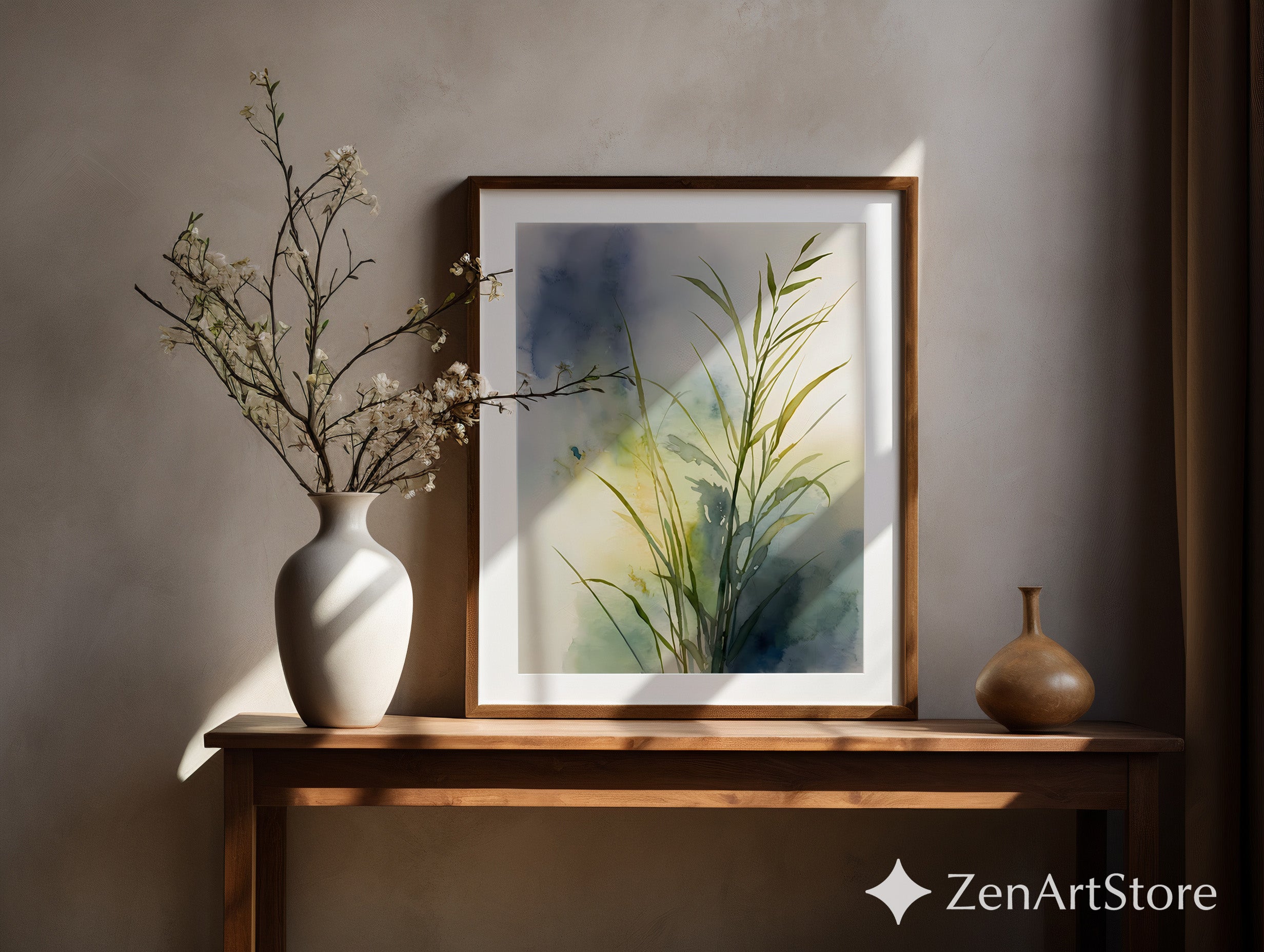 Watercolor Grass Botanical Print - Minimal Zen Plant Art for Japandi, Scandinavian & Boho Home Decor