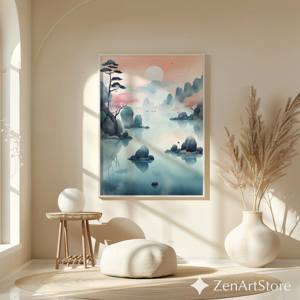 Serene Pastel Mountain Lake Wall Art - Zen Japandi Landscape Print, Printable & Canvas