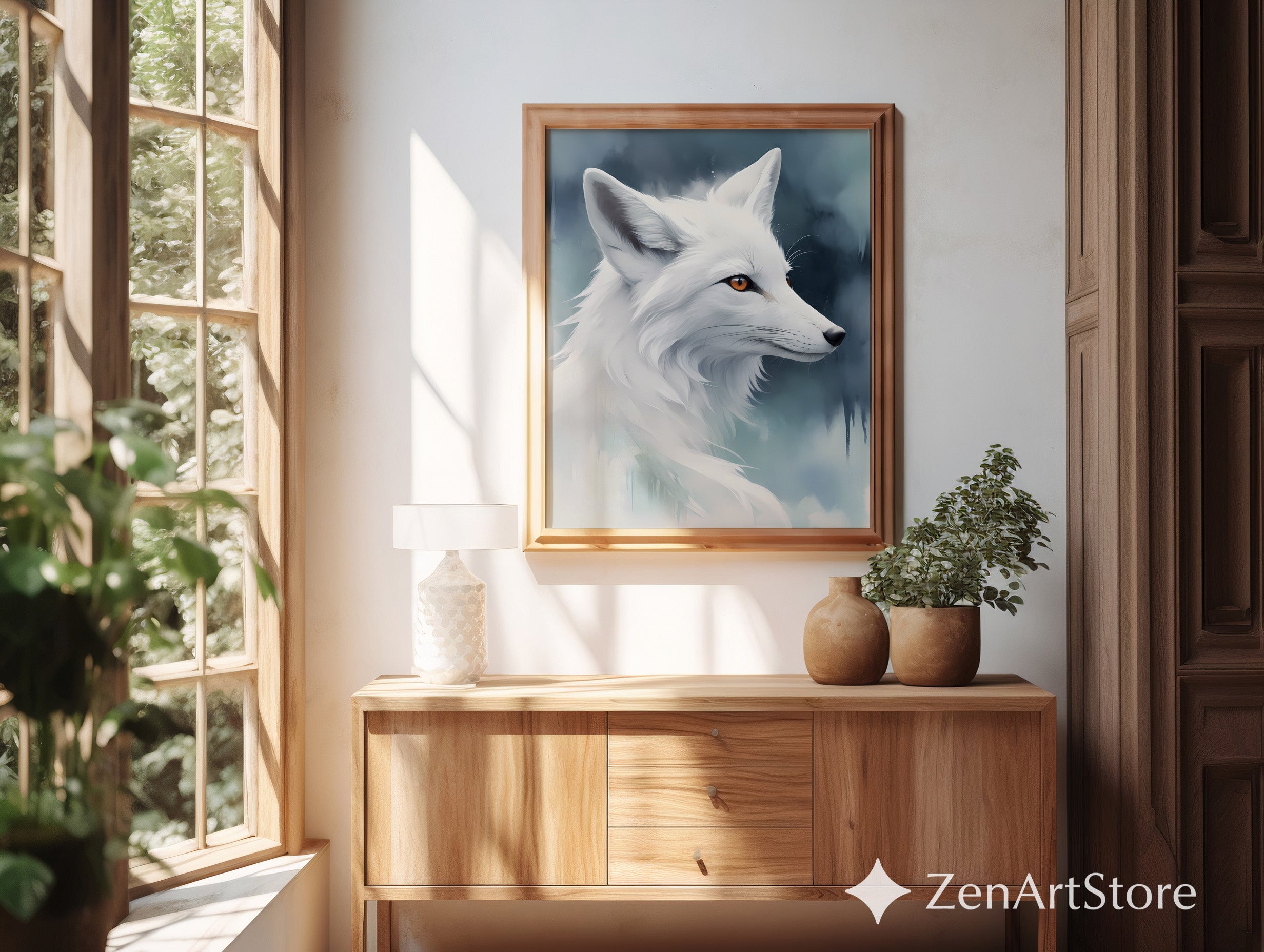 White Fox Wall Art - Minimal Arctic Fox Print, Scandinavian Zen Animal Portrait for Modern Home Decor