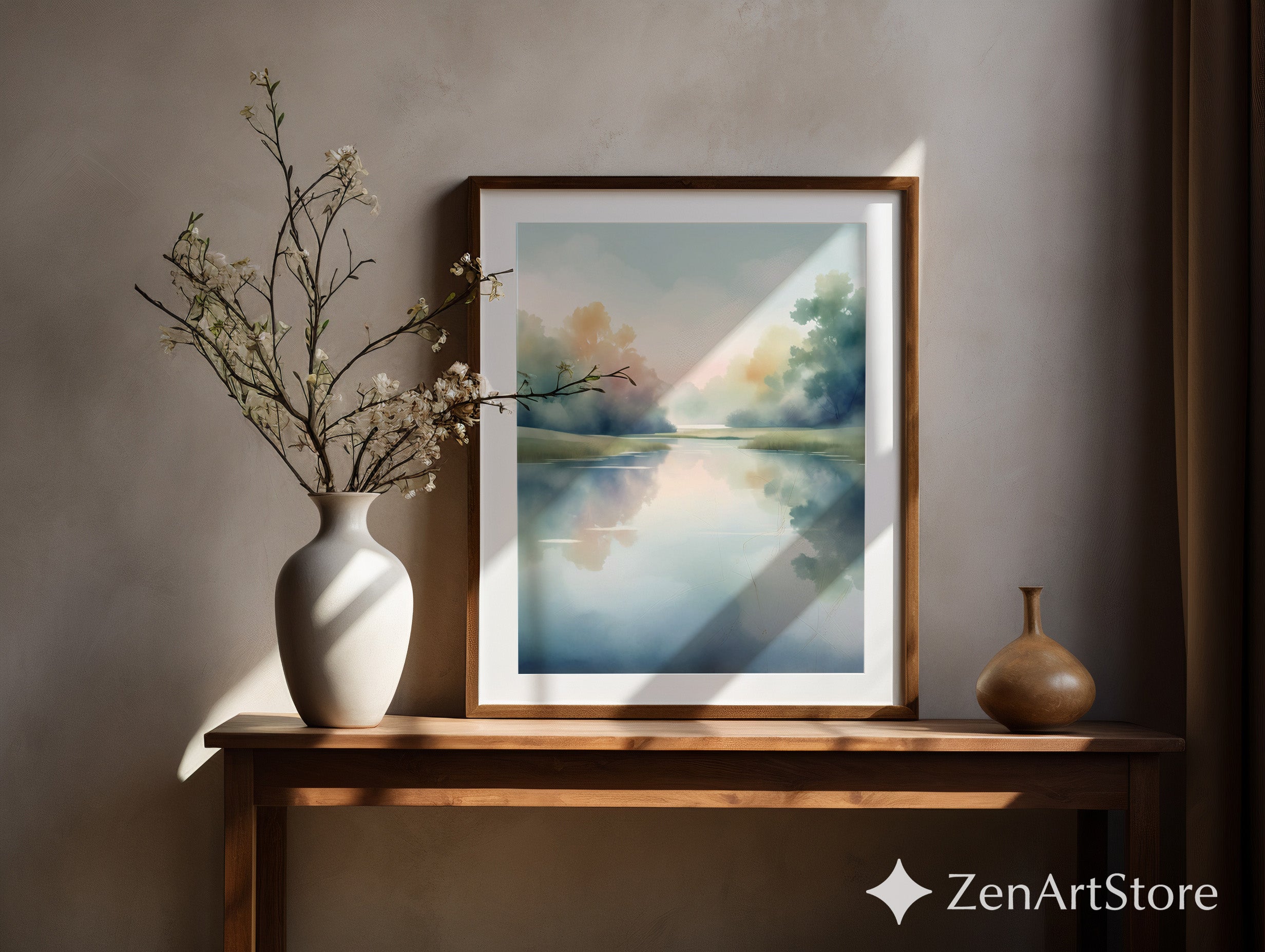 Misty Lake Watercolor Print – Serene Pastel Landscape Wall Art for Zen, Japandi & Scandinavian Home Decor