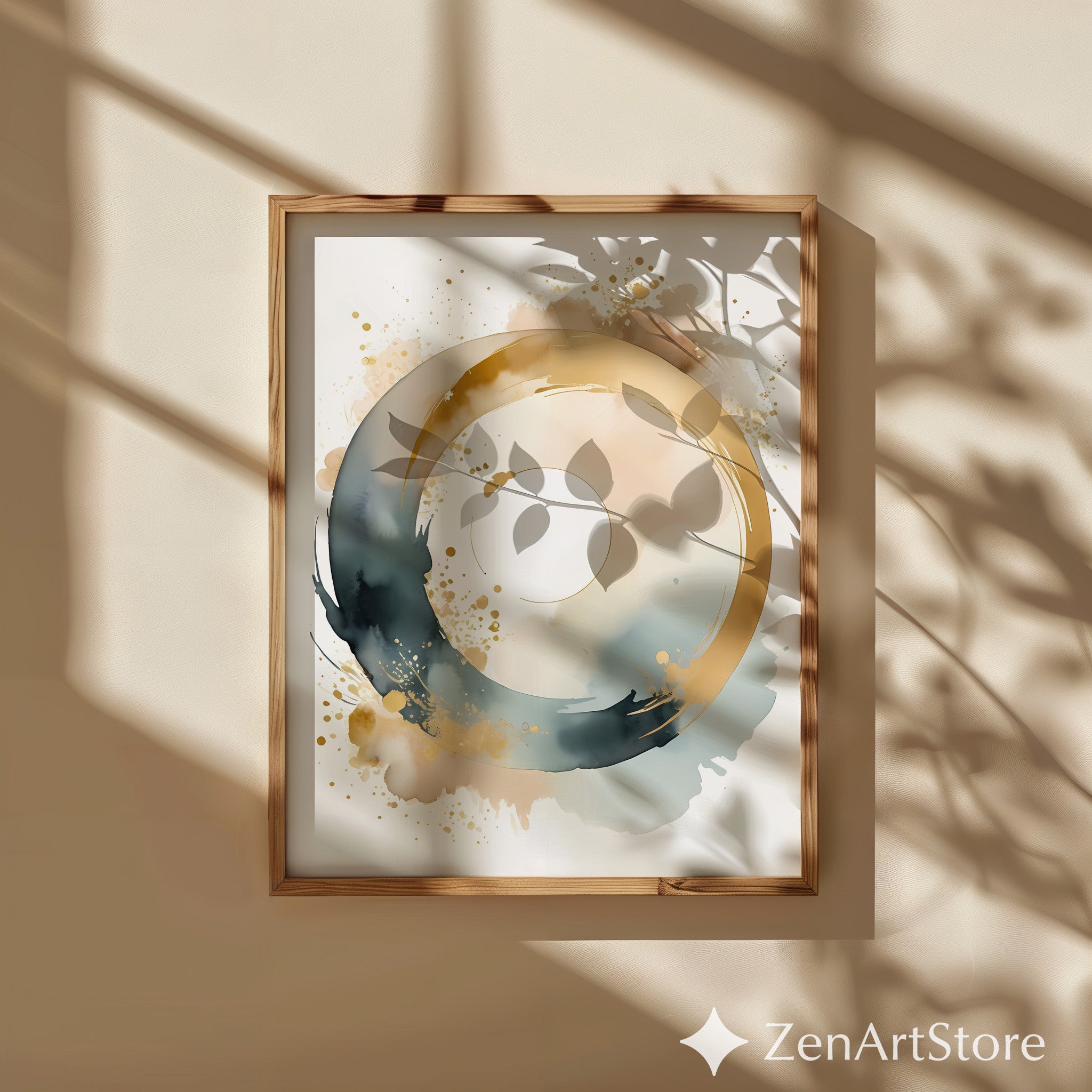 Gold Enso Circle Abstract Wall Art - Minimal Japandi Neutral Watercolor Print for Modern Zen Home Decor