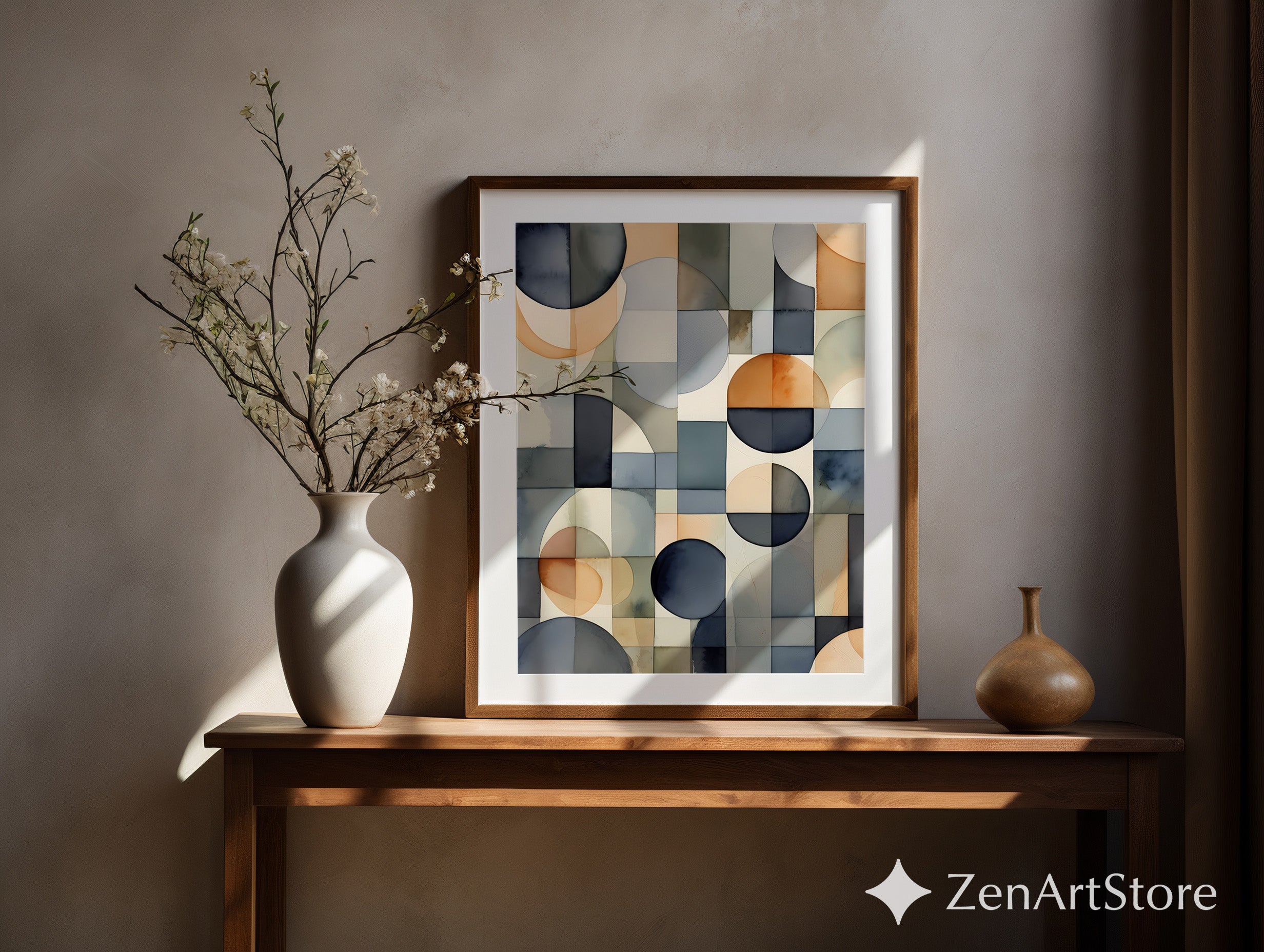 Abstract Geometric Wall Art Neutral Tones - Modern Mid Century Watercolor Circles Print - Japandi Wabi Sabi Minimalist Home Decor