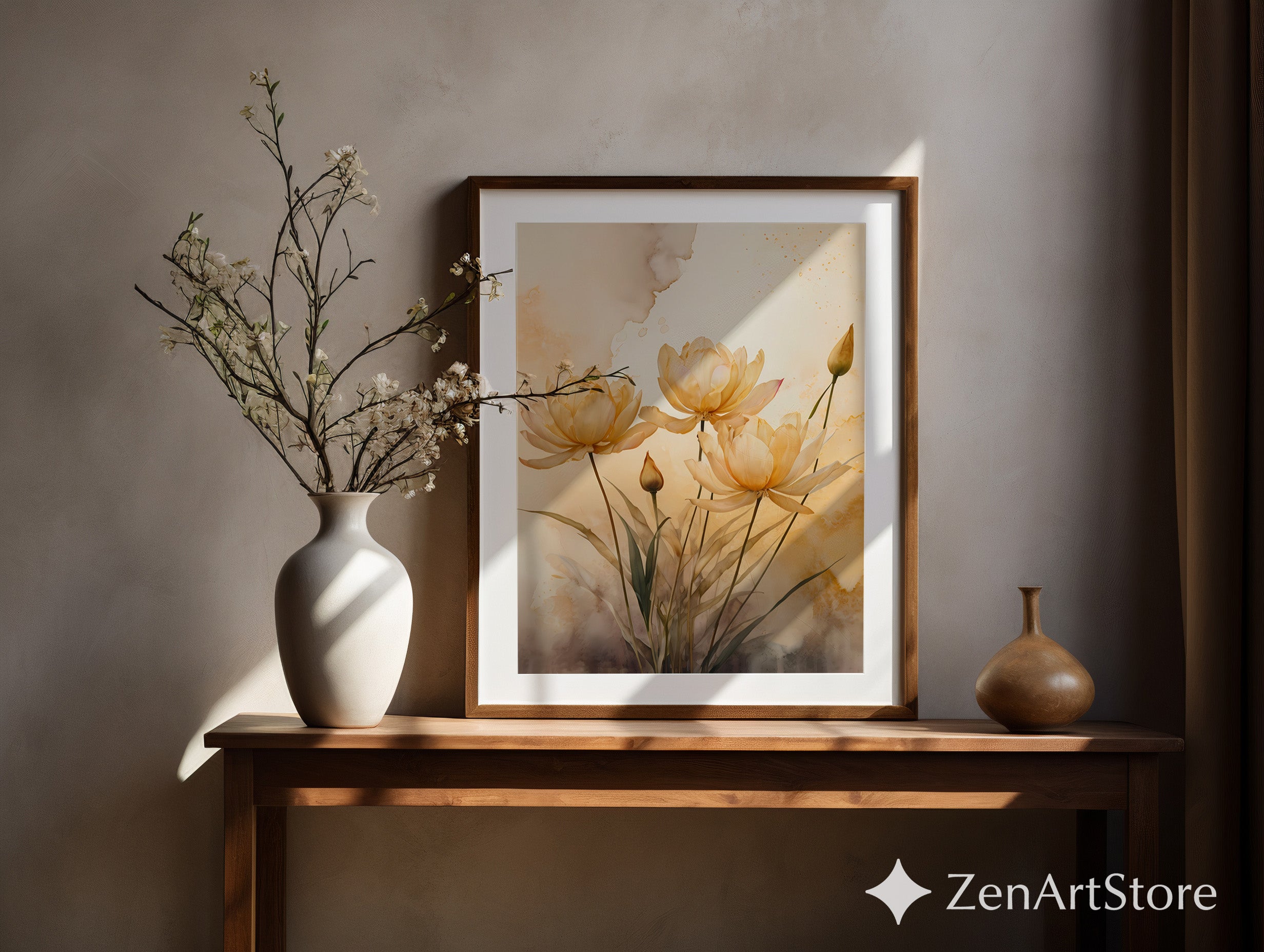 Golden Beige Floral Wall Art - Minimal Botanical Watercolor Print, Zen Japandi Neutral Home Decor