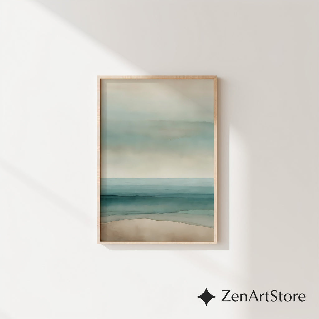 Minimal Coastal Seascape Print - Soft Teal & Beige Abstract Beach Wall Art, Zen Japandi Scandinavian Neutral Home Decor