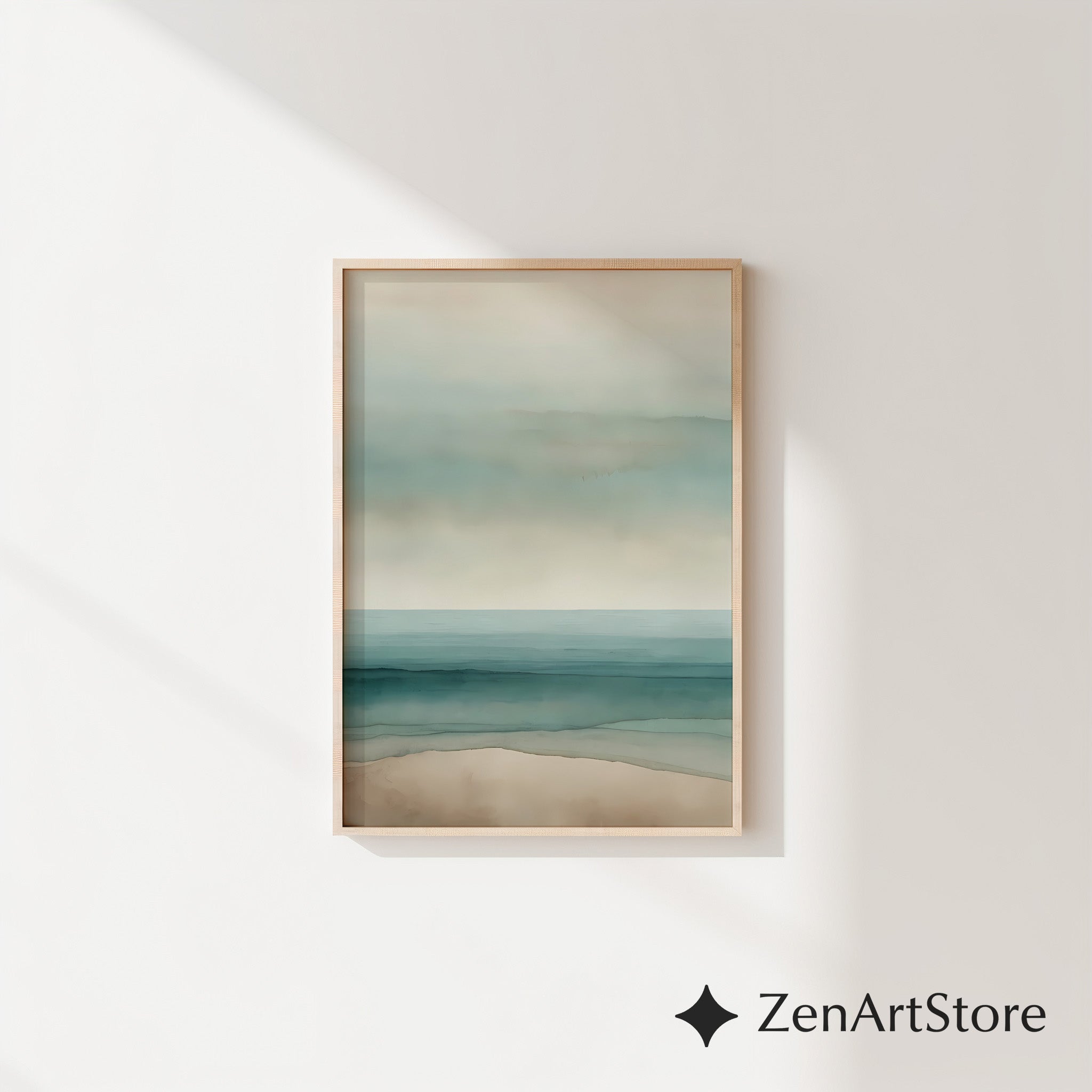 Minimal Coastal Seascape Print - Soft Teal & Beige Abstract Beach Wall Art, Zen Japandi Scandinavian Neutral Home Decor