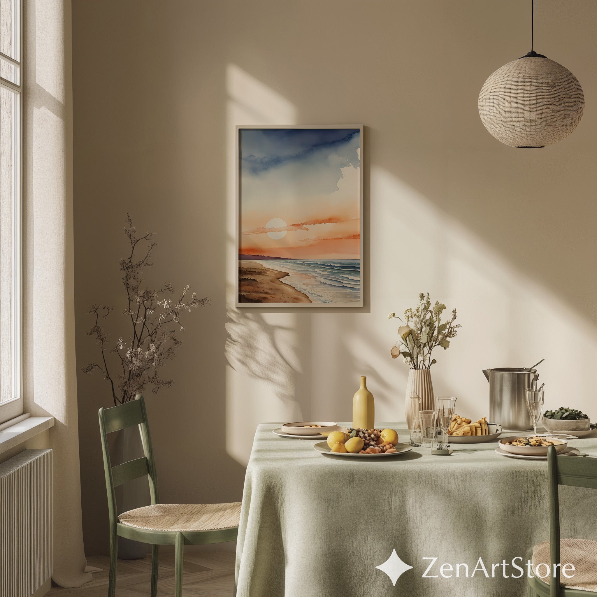 Sunset Beach Watercolor Print - Minimal Coastal Wall Art, Japandi Zen Seascape for Living Room, Neutral Modern Home Decor