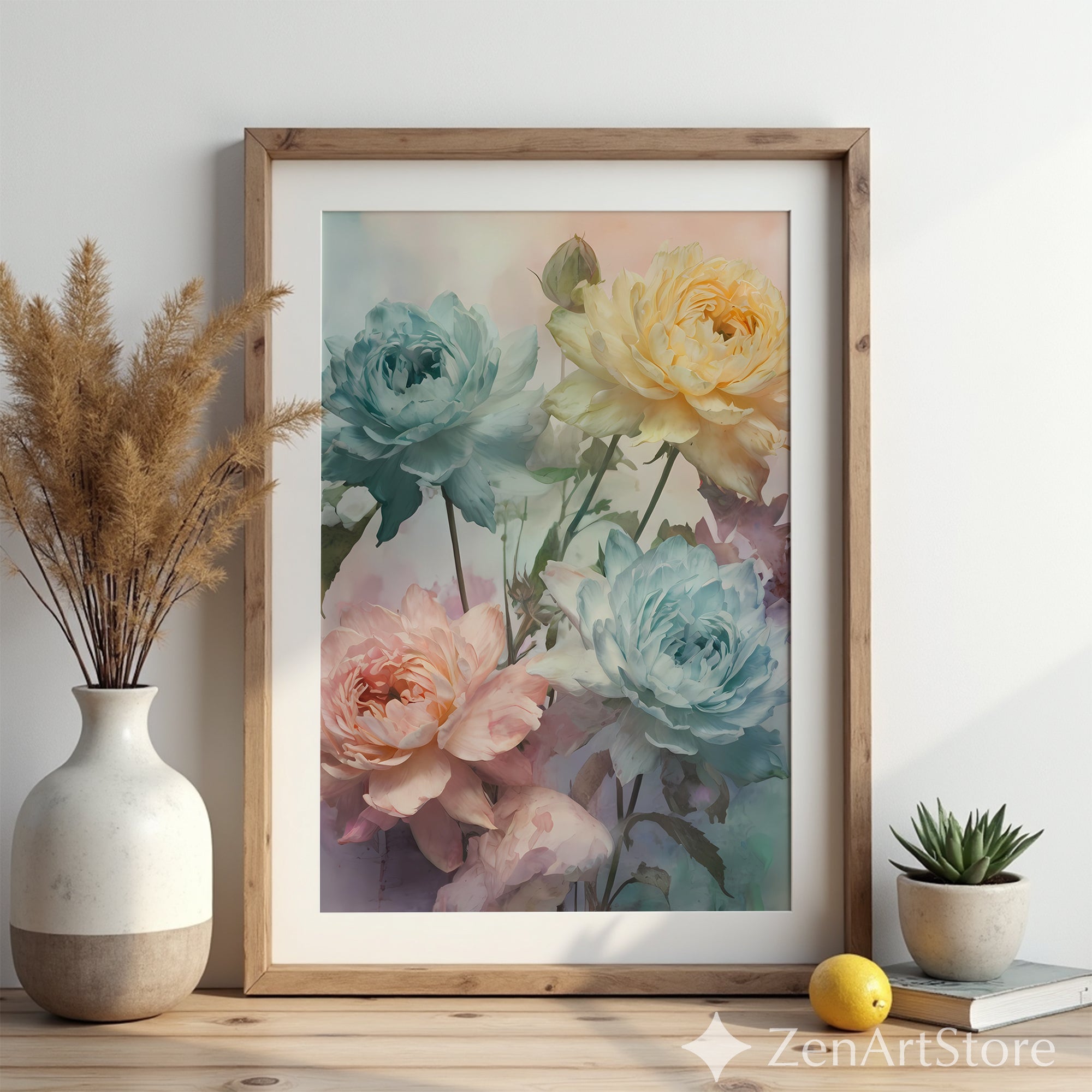 Pastel Peony Floral Wall Art Print, Soft Watercolor Botanical Canvas, Calming Neutral Home Decor (Large Printable)