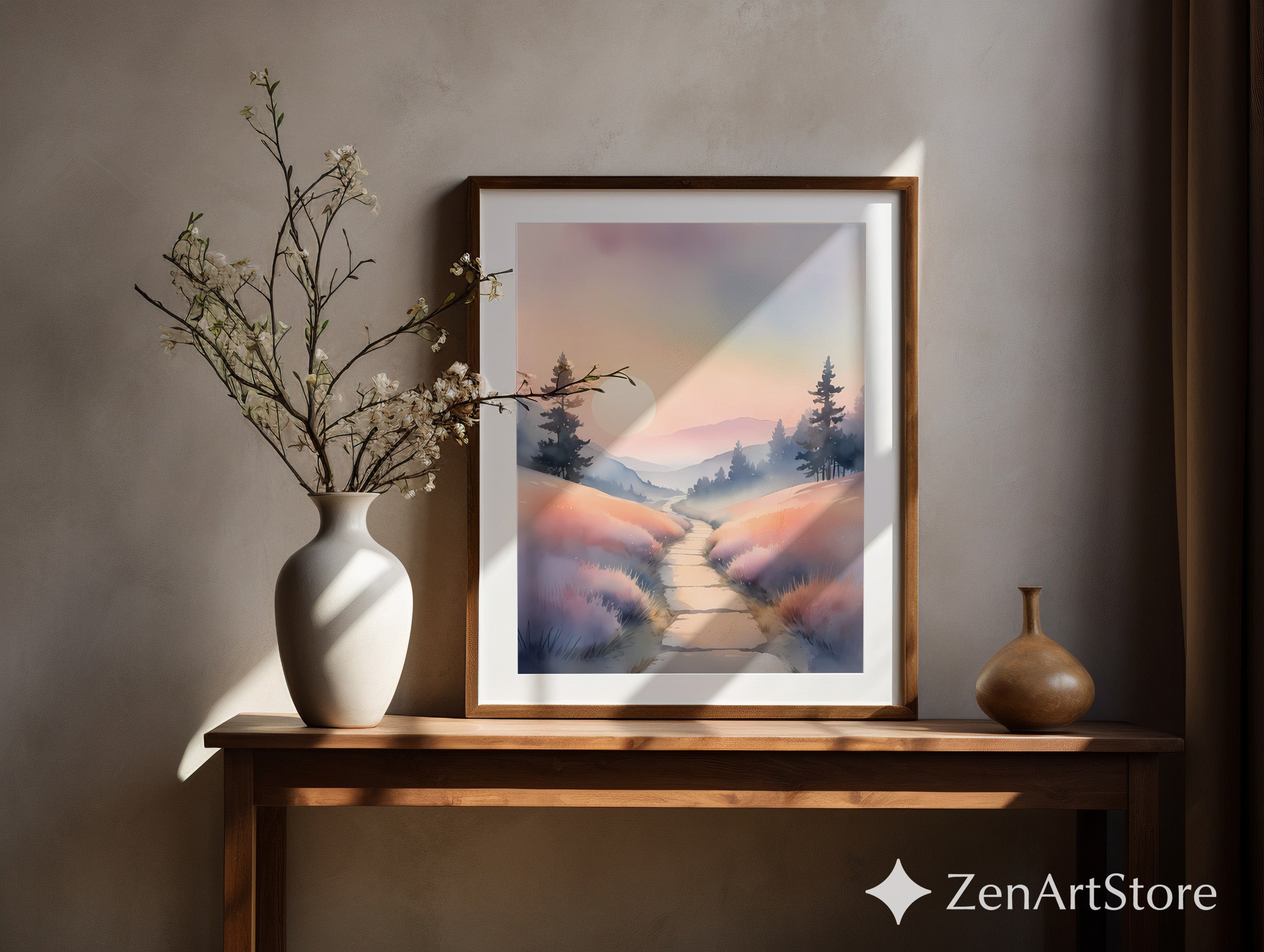 Misty Pastel Sunrise Landscape Print — Serene Pathway Wall Art for Zen, Japandi & Minimal Home Decor