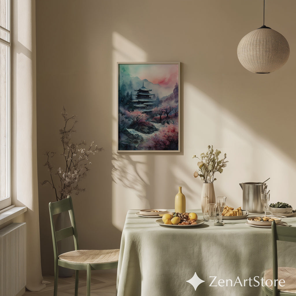 Serene Japanese Pagoda Print with Cherry Blossoms - Watercolor Zen Landscape Wall Art for Home