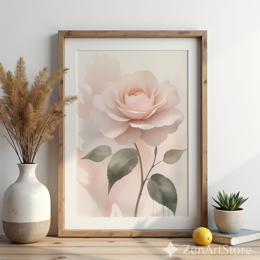 Blush Rose Wall Art Print - Soft Pastel Botanical Rose, Minimal Floral Nursery & Bedroom Decor, Neutral Modern Printable