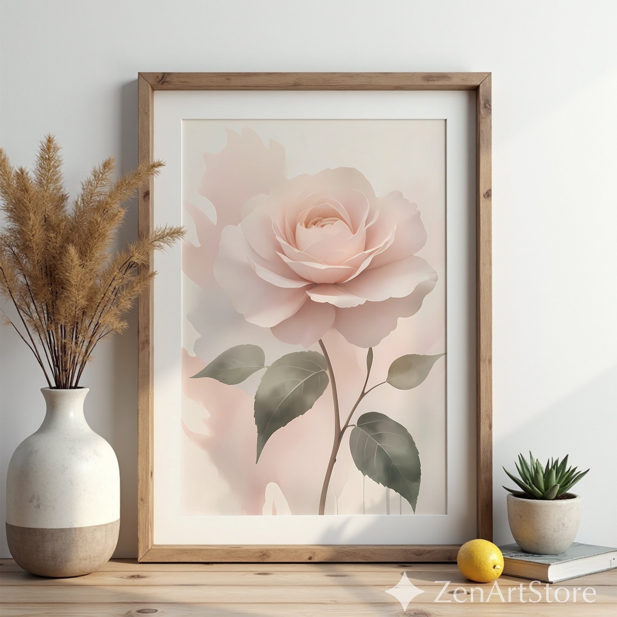 Blush Rose Wall Art Print - Soft Pastel Botanical Rose, Minimal Floral Nursery & Bedroom Decor, Neutral Modern Printable