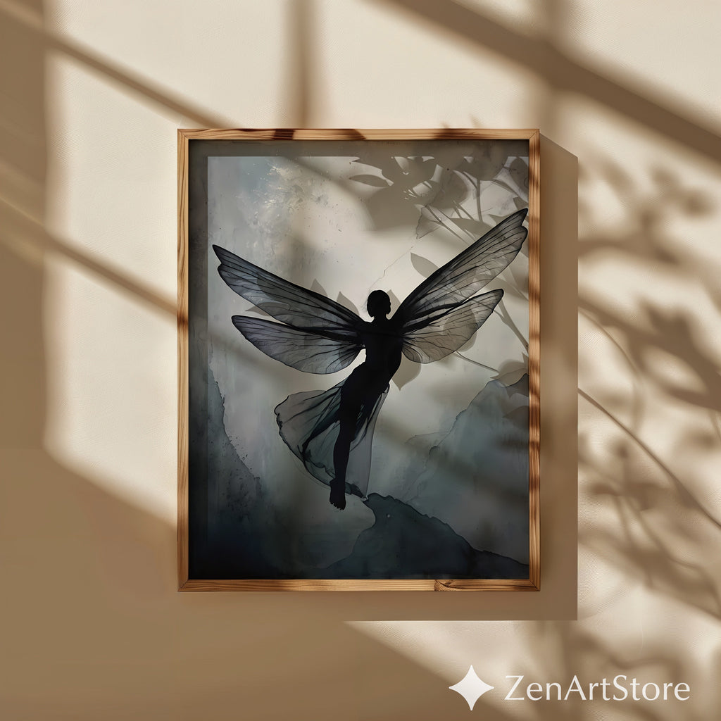 Ethereal Fairy Silhouette Wall Art - Minimal Neutral Wings Print for Japandi Wabi-Sabi Scandinavian Decor