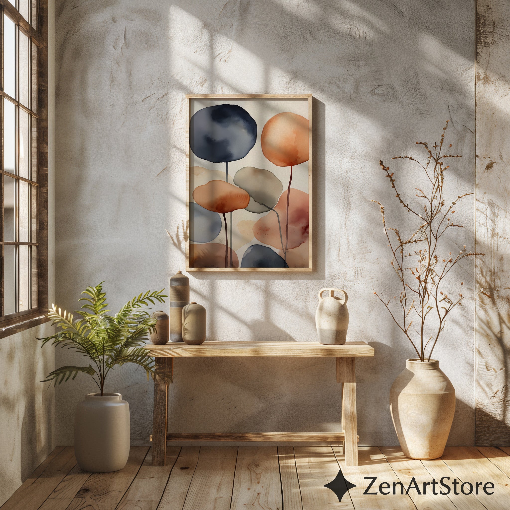 Abstract Watercolor Wall Art Neutral Terracotta & Blue - Minimal Japandi Scandi Zen Print for Living Room Bedroom
