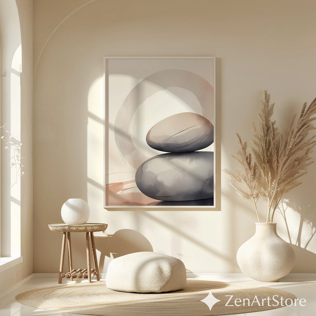 Minimal Zen Stone Stack Wall Art - Neutral Abstract Printable, Wabi Sabi Japandi Home Decor