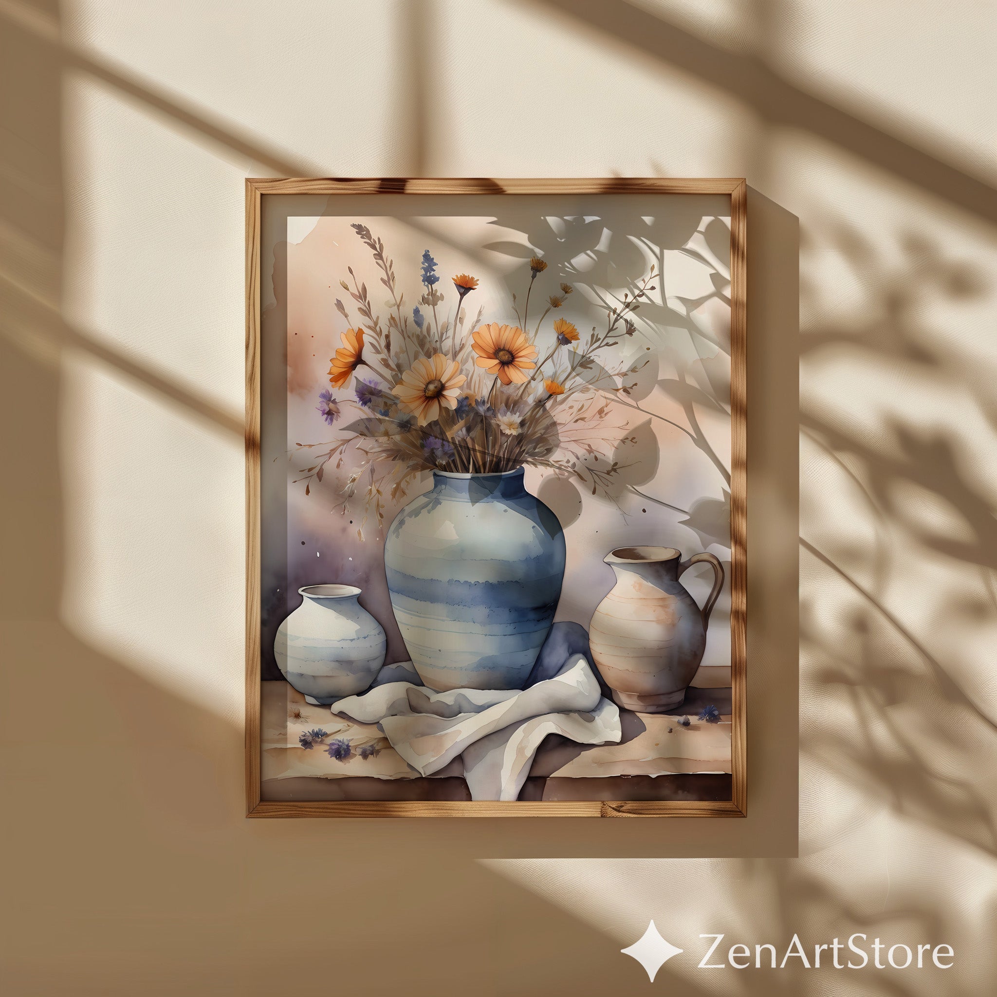 Watercolor Floral Vase Print - Neutral Still Life Wall Art for Living Room, Scandinavian Japandi Botanical Decor