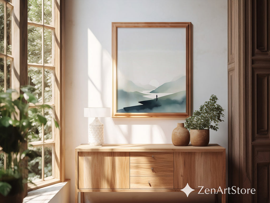 Minimalist Mountain Print - Zen Landscape Wall Art, Japandi Neutral Sun & River, Scandinavian Calm Home Decor