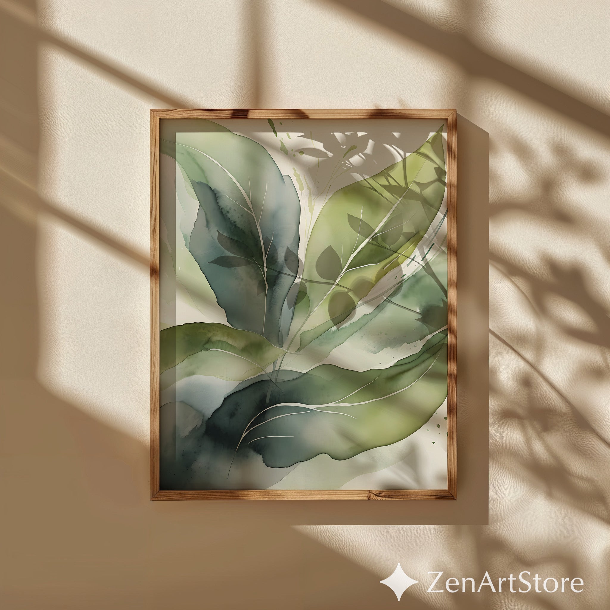 Calm Green Botanical Art Print - Watercolor Leaves Wall Art, Minimal Japandi Scandinavian Home Decor, Neutral Sage Olive Printable