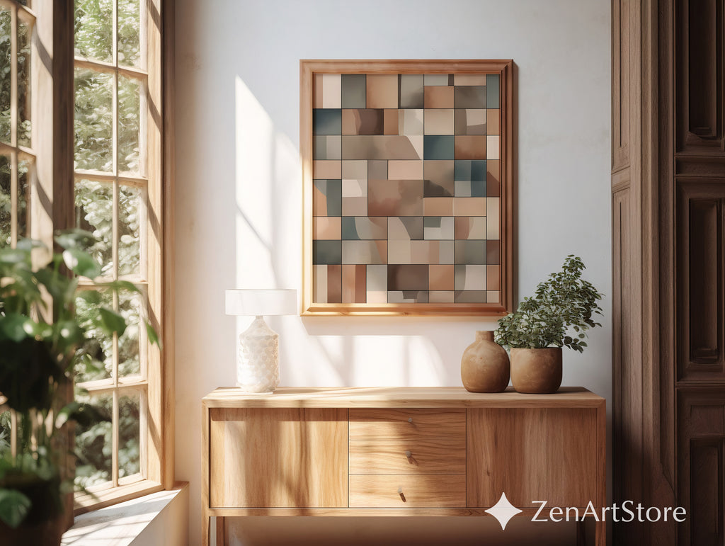 Neutral Geometric Wall Art Beige Brown Abstract Tiles Modern Minimalist Home Decor