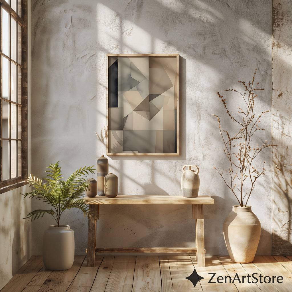 Neutral Geometric Abstract Wall Art - Beige Gray Minimalist Print for Living Room, Japandi Wabi Sabi Home Decor
