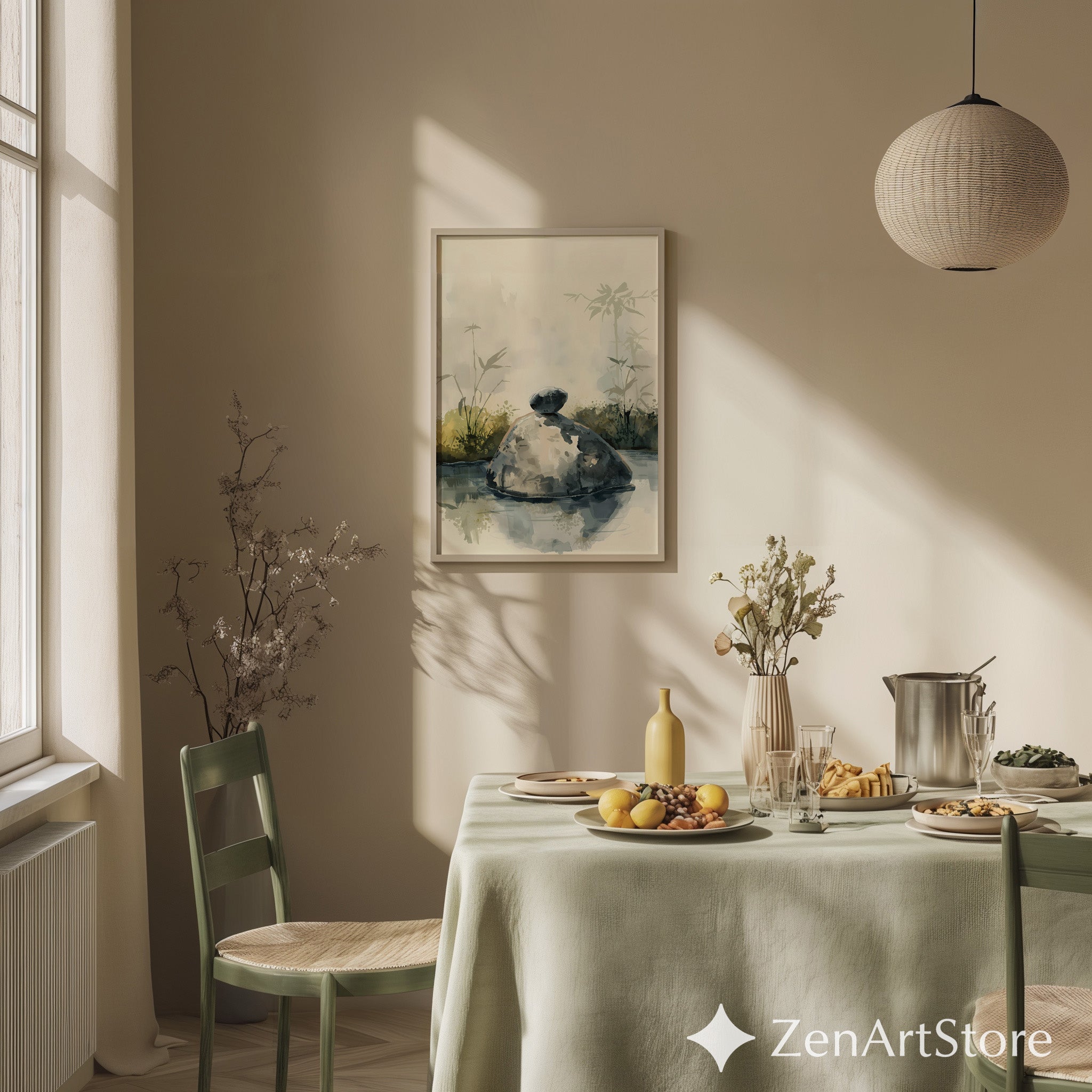 Zen Rock Watercolor Print Minimal Wabi Sabi Stone Art Japandi Neutral Wall Decor