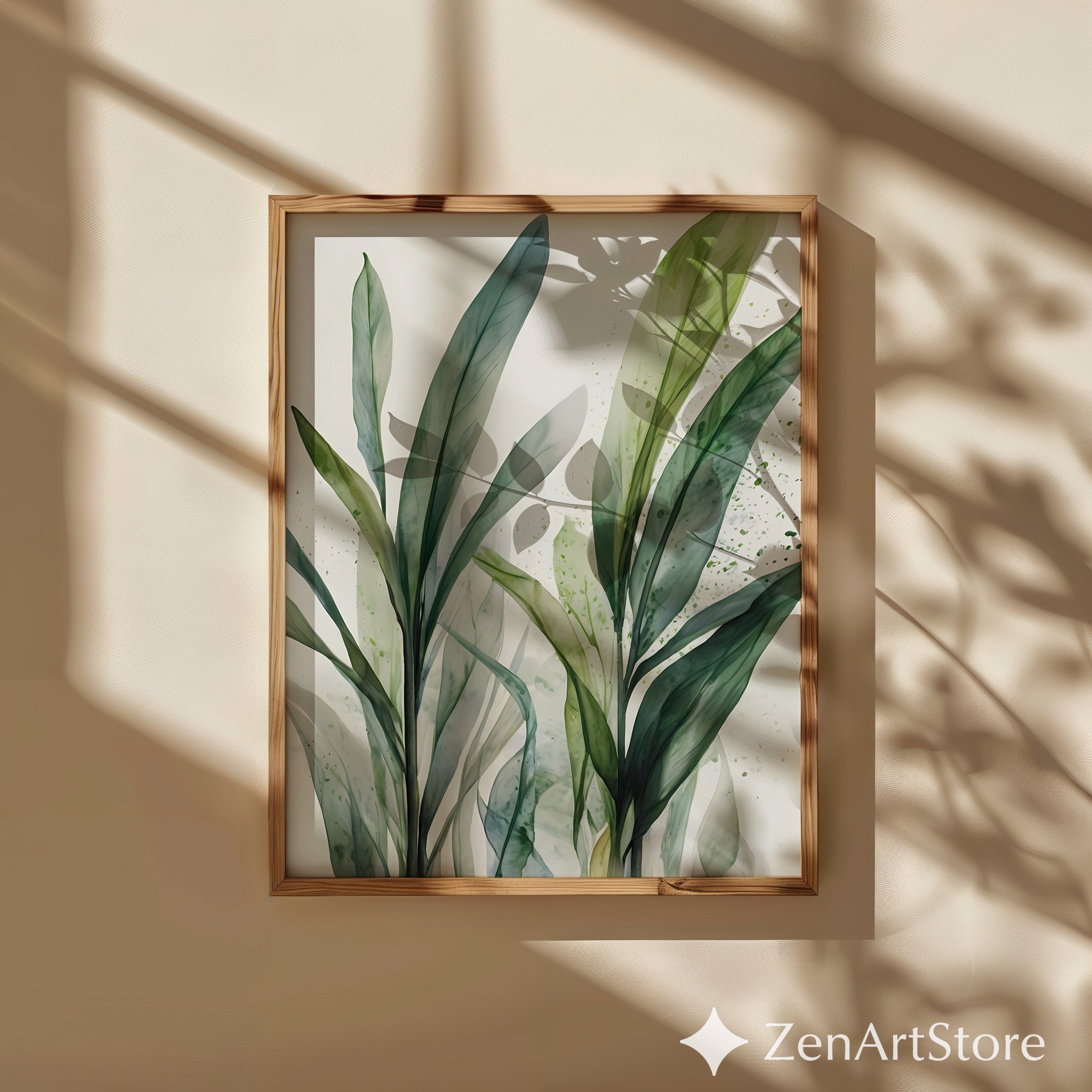 Minimal Green Leaves Wall Art - Botanical Watercolor Print for Japandi & Scandinavian Home Decor