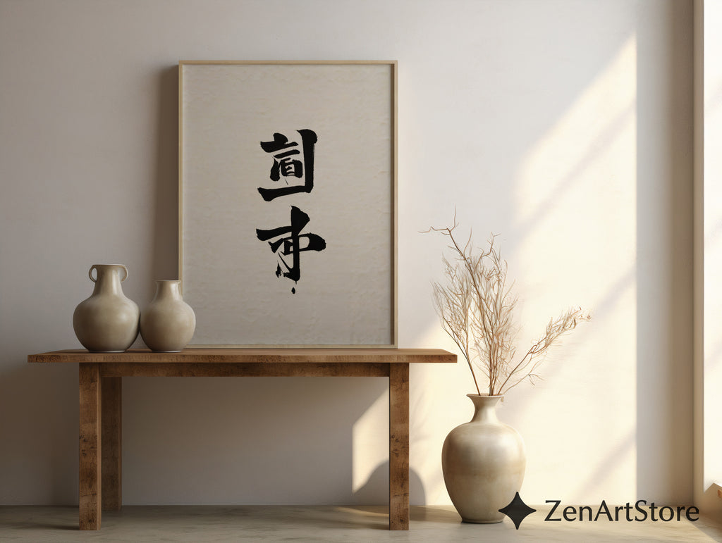 Minimal Japanese Calligraphy Wall Art Print | Zen Black Ink Kanji on Textured Beige Paper | Wabi-Sabi Japandi Neutral Home Decor