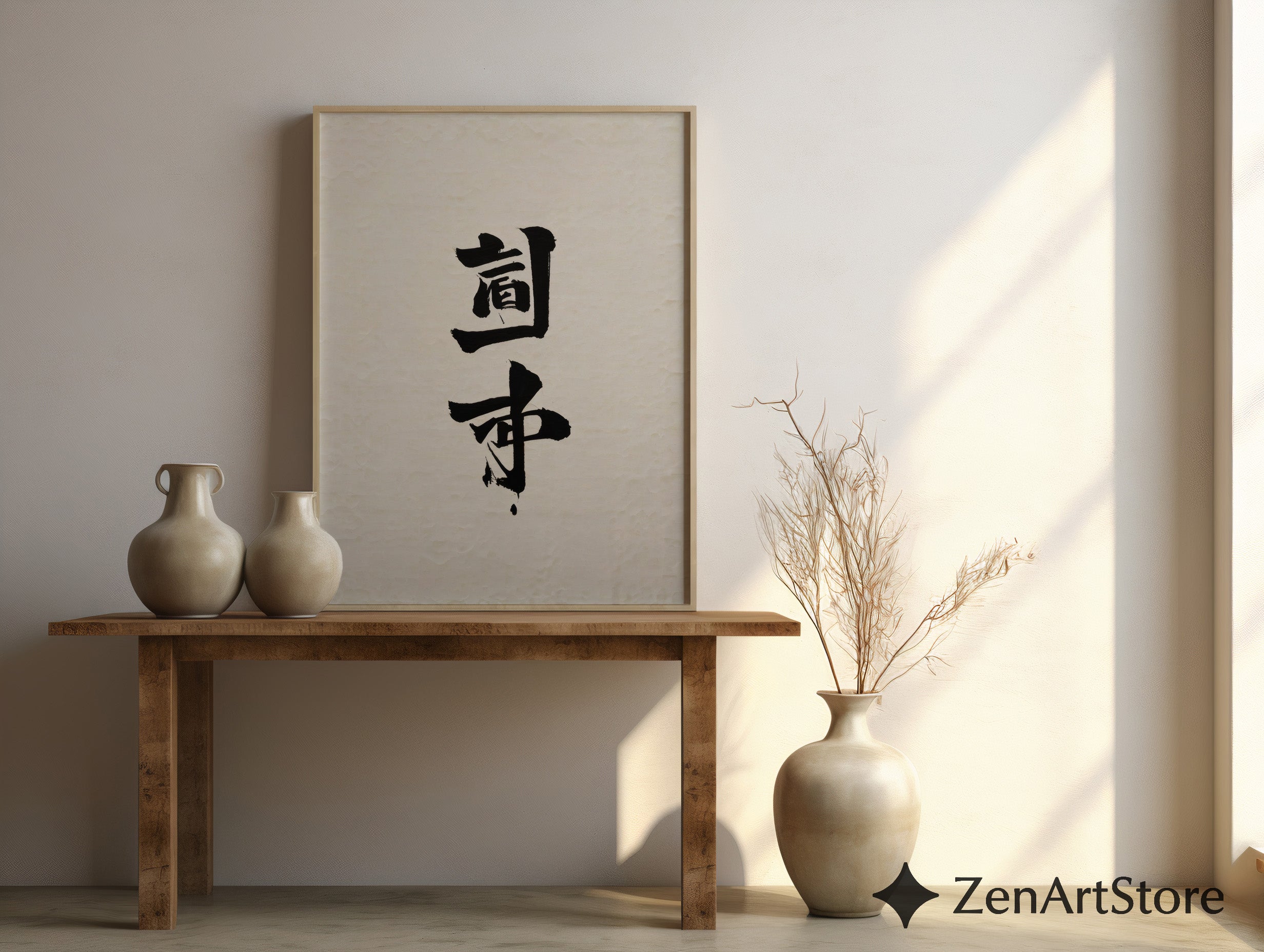 Minimal Japanese Calligraphy Wall Art Print | Zen Black Ink Kanji on Textured Beige Paper | Wabi-Sabi Japandi Neutral Home Decor
