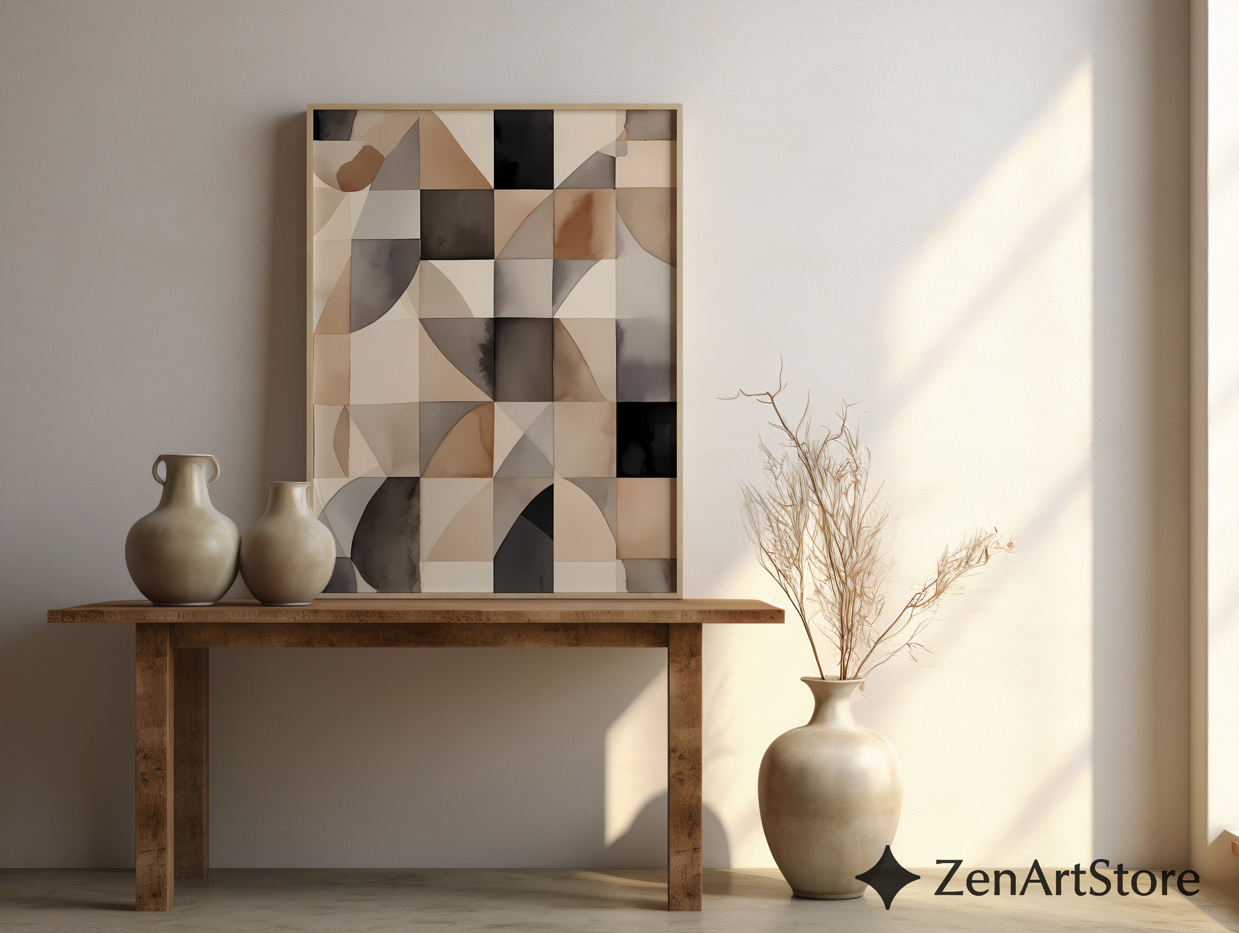 Neutral Geometric Abstract Art Print - Beige Brown Black Minimal Japandi Wabi Sabi Wall Decor