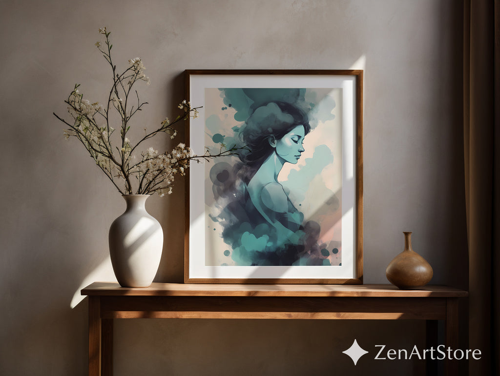 Dreamy Teal Woman Abstract Portrait Art Print - Calm Minimal Wall Art for Bedroom, Living Room, Japandi & Scandinavian Decor