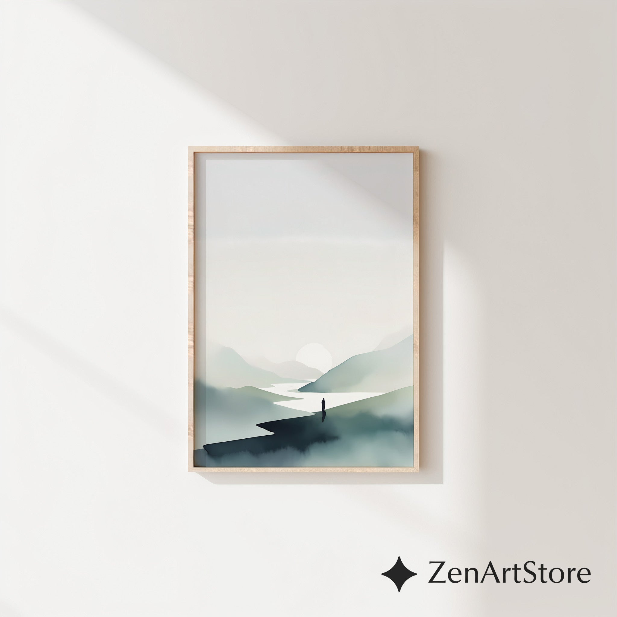 Minimalist Mountain Print - Zen Landscape Wall Art, Japandi Neutral Sun & River, Scandinavian Calm Home Decor