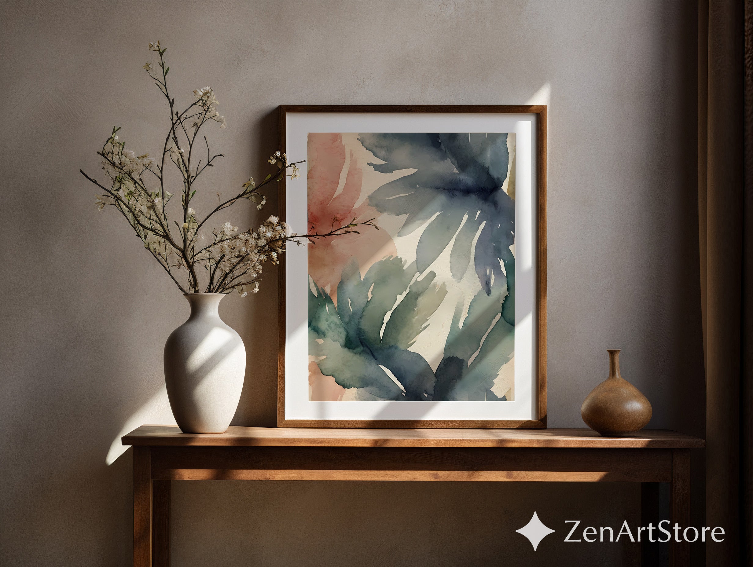 Muted Watercolor Leaf Print - Abstract Botanical Wall Art in Blue Green Terracotta - Minimal Japandi Wabi Sabi Home Decor