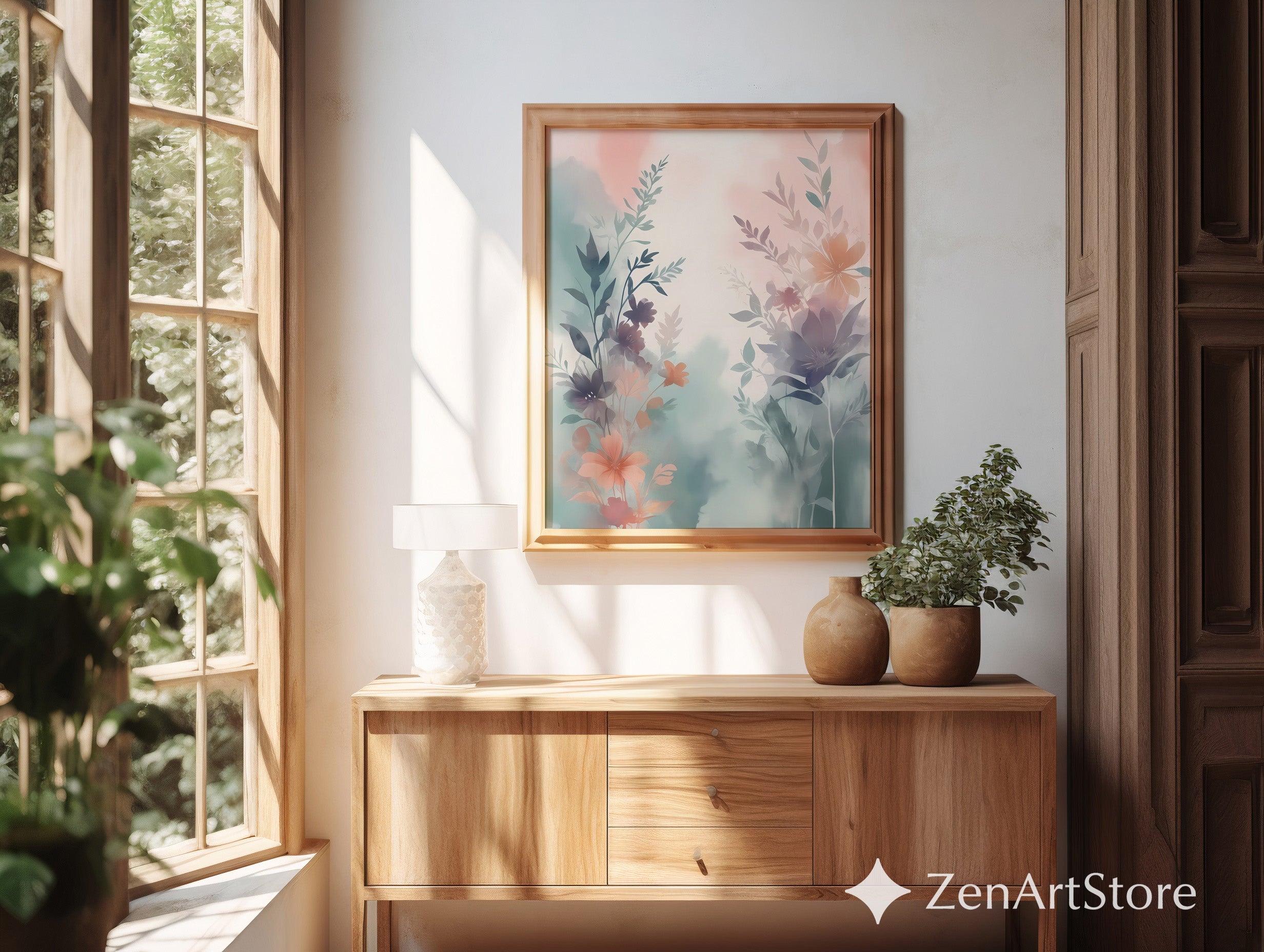 Pastel Botanical Watercolor Print - Soft Blush & Teal Floral Wall Art, Minimal Scandi Japandi Home Decor, Printable or Canvas