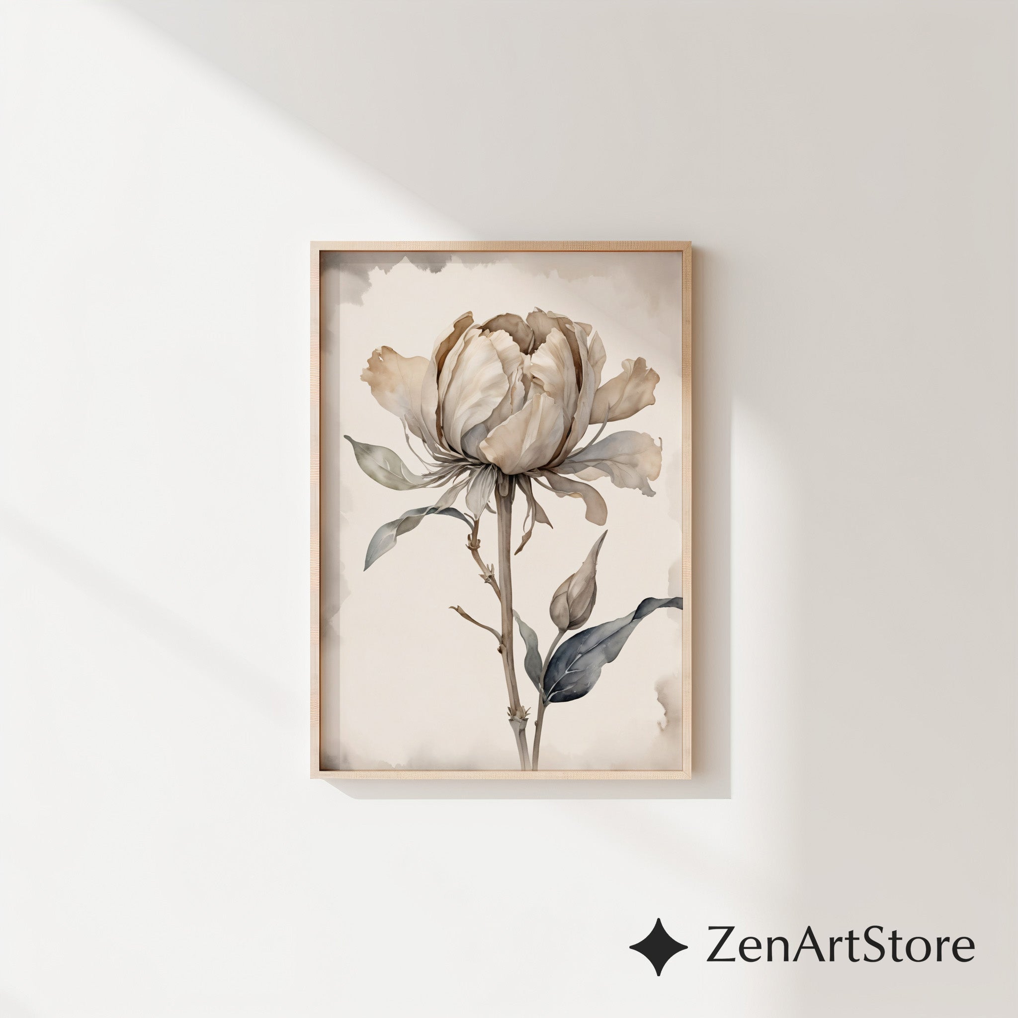 Neutral Peony Wall Art - Beige Botanical Watercolor Print, Japandi Minimal Flower Poster for Living Room & Bedroom