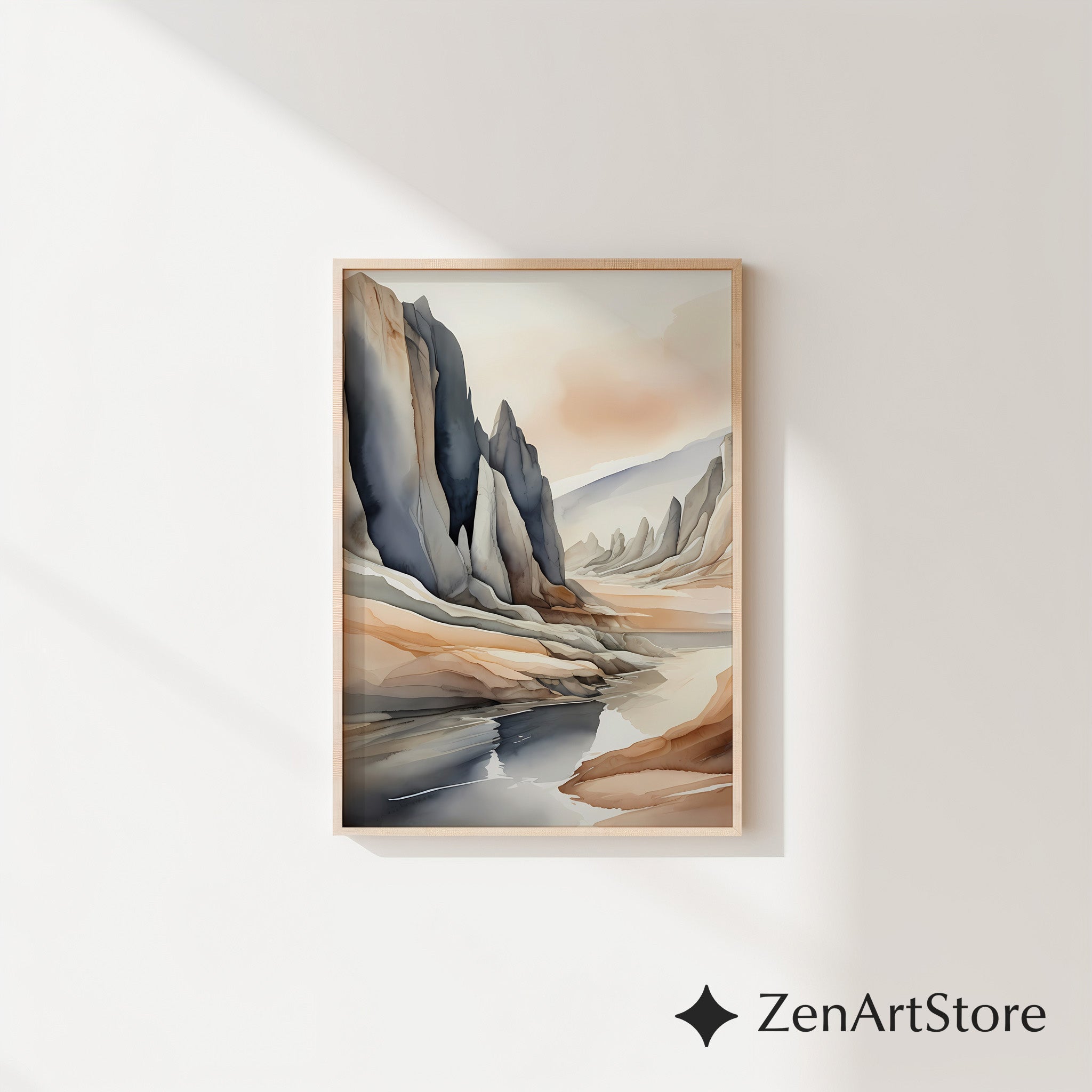 Neutral Abstract Landscape Art Print — Japandi Minimalist Mountain Wall Art, Beige & Slate Home Decor