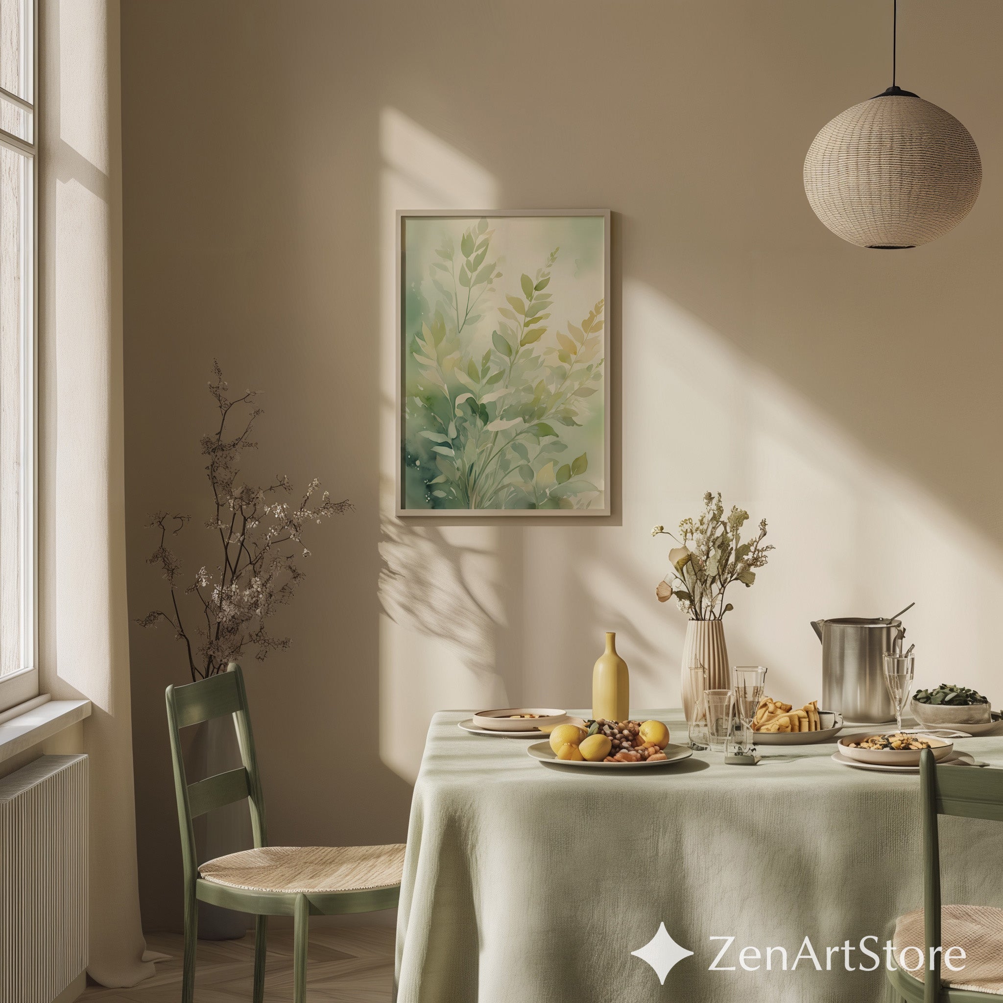 Soft Green Botanical Watercolor Print - Minimal Japandi Leaf Art for Calm Home Decor, Printable Scandinavian Nature Wall Art