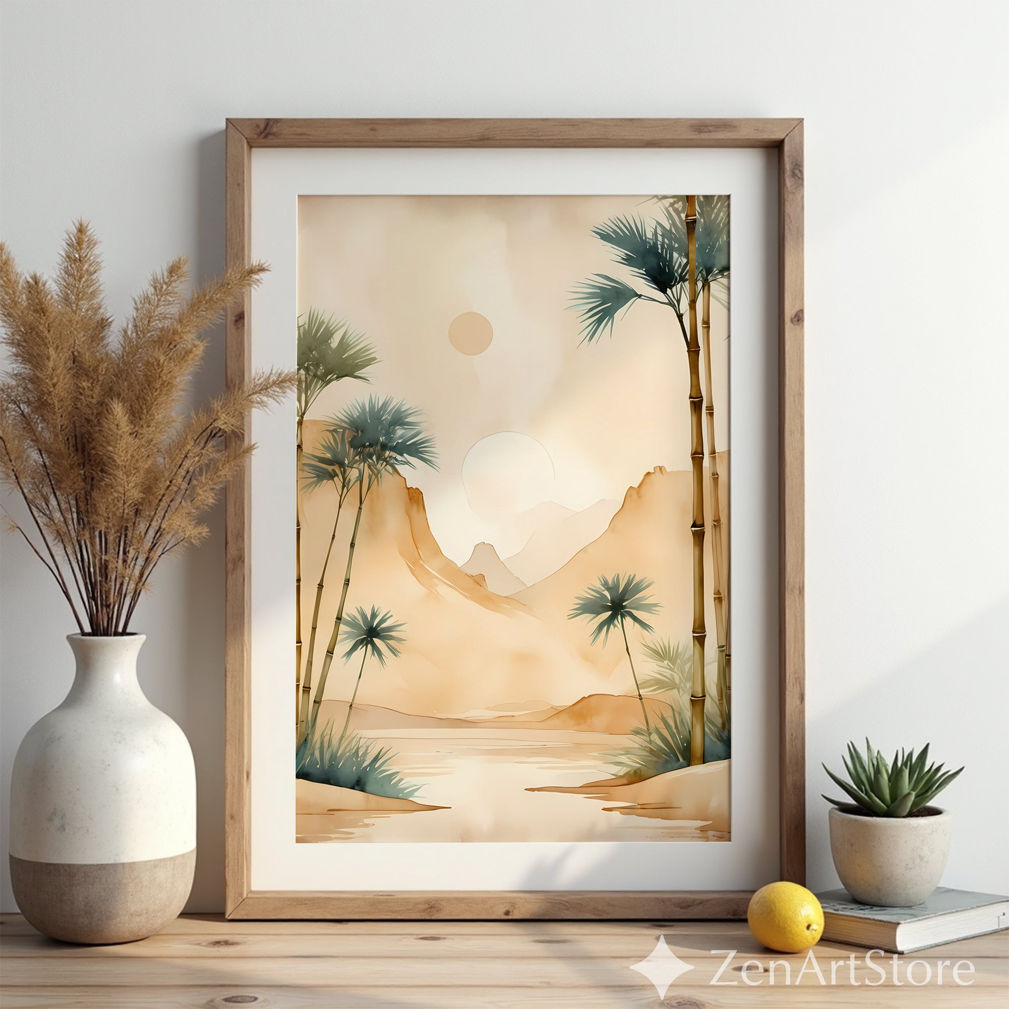 Neutral Bamboo Landscape Wall Art - Japandi Zen Minimalist Watercolor Palm & Mountain Print for Home Decor