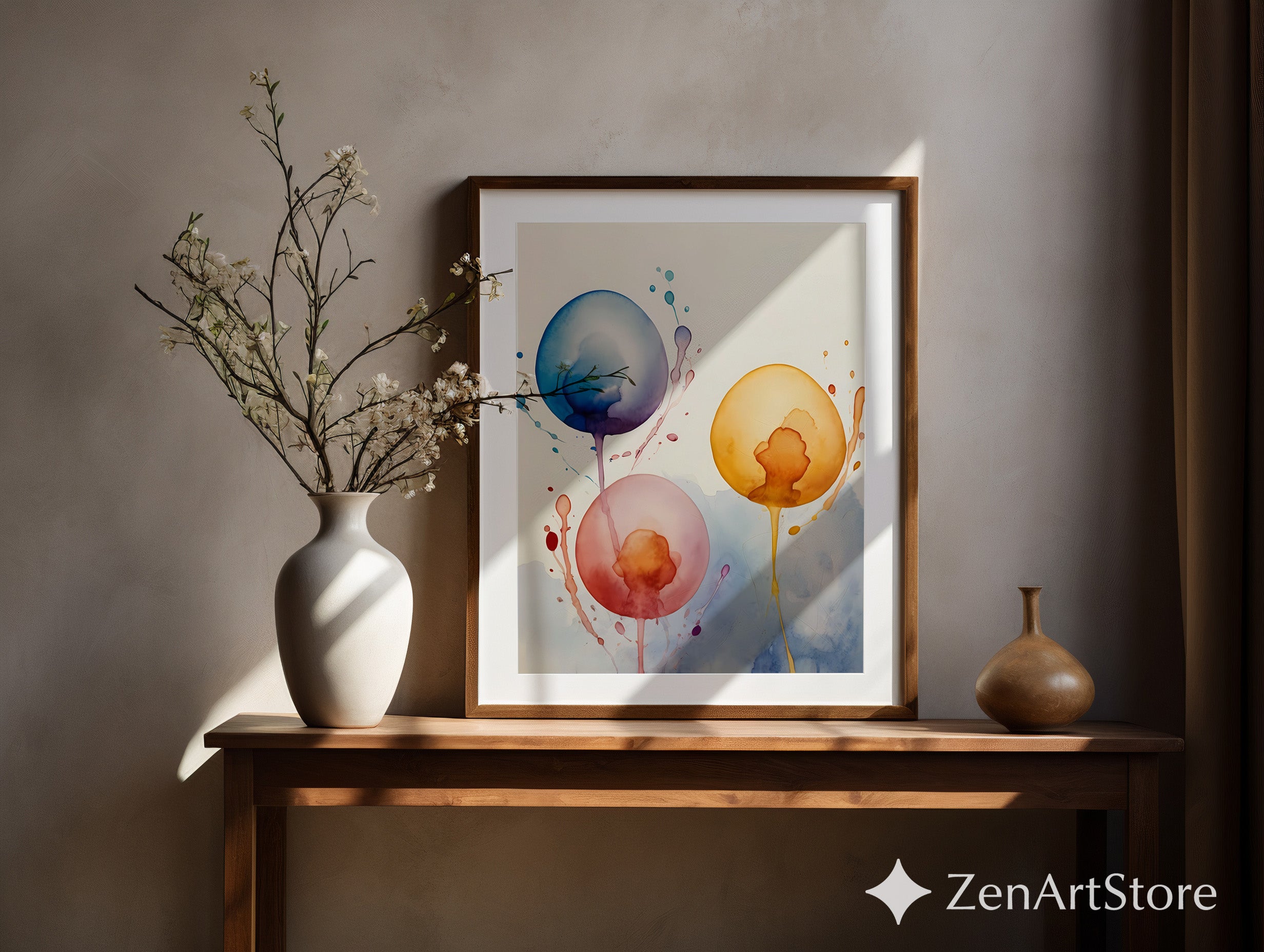 Abstract Watercolor Balloons Print - Minimal Modern Wall Art for Living Room, Nursery, Japandi Boho Decor